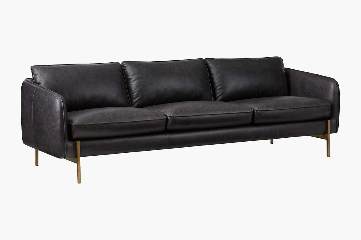 Valencia Gabriele Leather Three Seats Sofa with Brass Finished Legs, Black Color