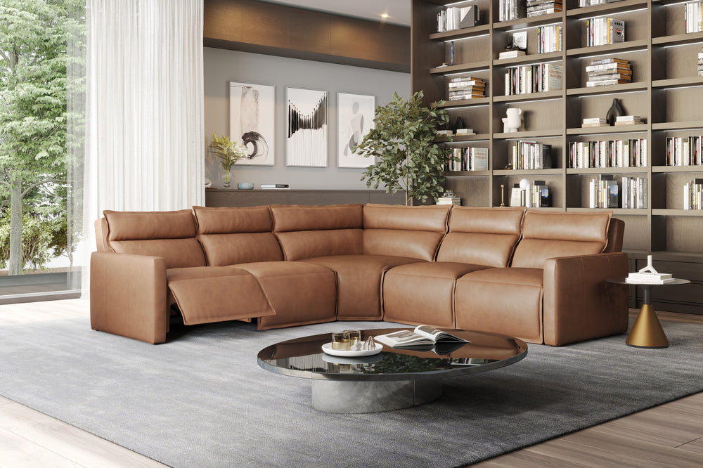 Valencia Giovanni Leather Five Pieces Reclining Sectional Sofa, Camel