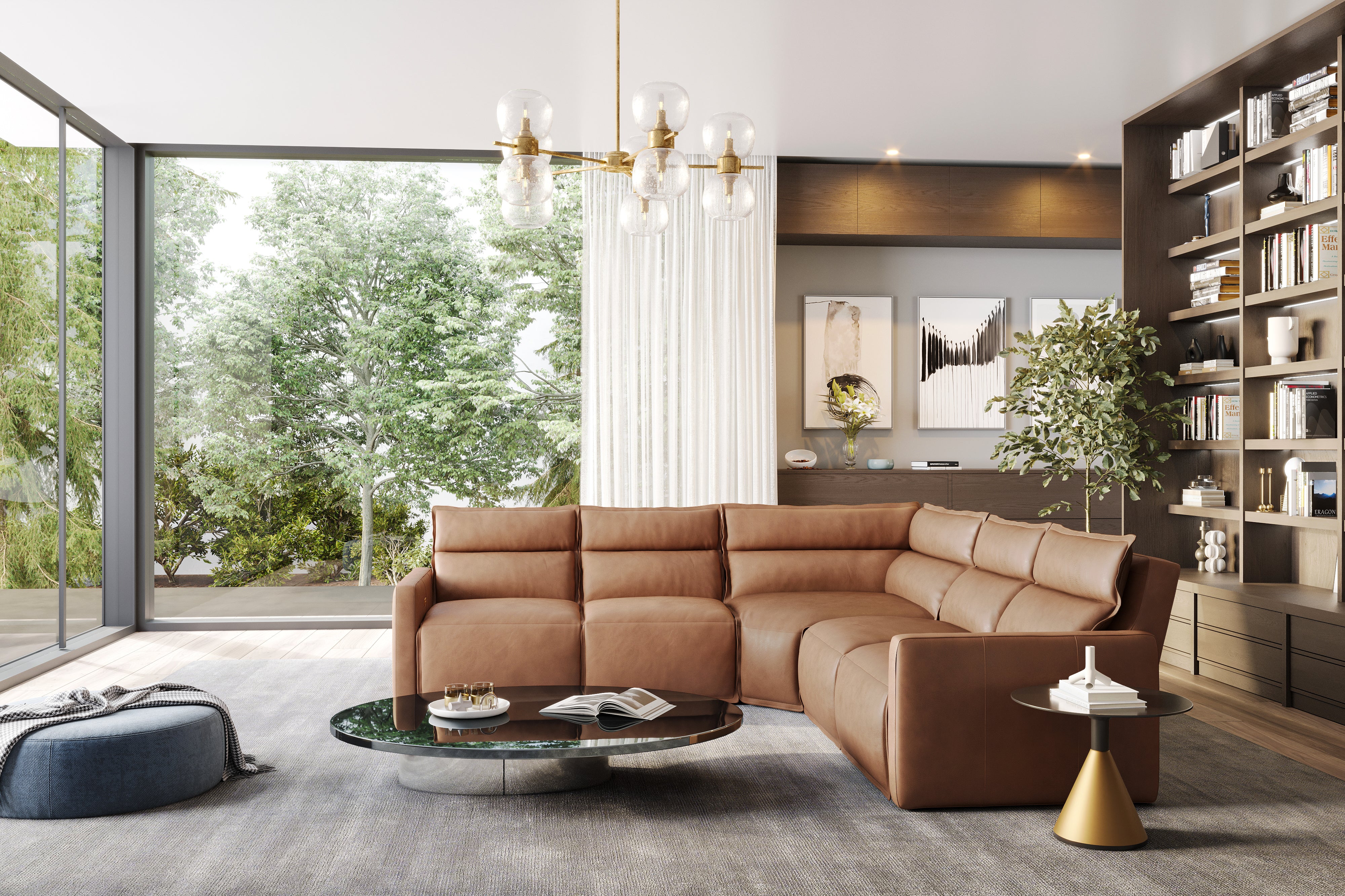 Valencia Giovanni Leather Five Pieces Reclining Sectional Sofa Camel