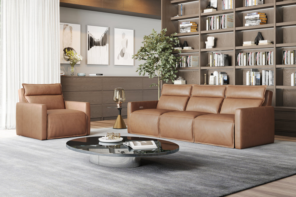 Valencia Giovanni Leather Three Pieces Reclining Sectional Sofa, Camel