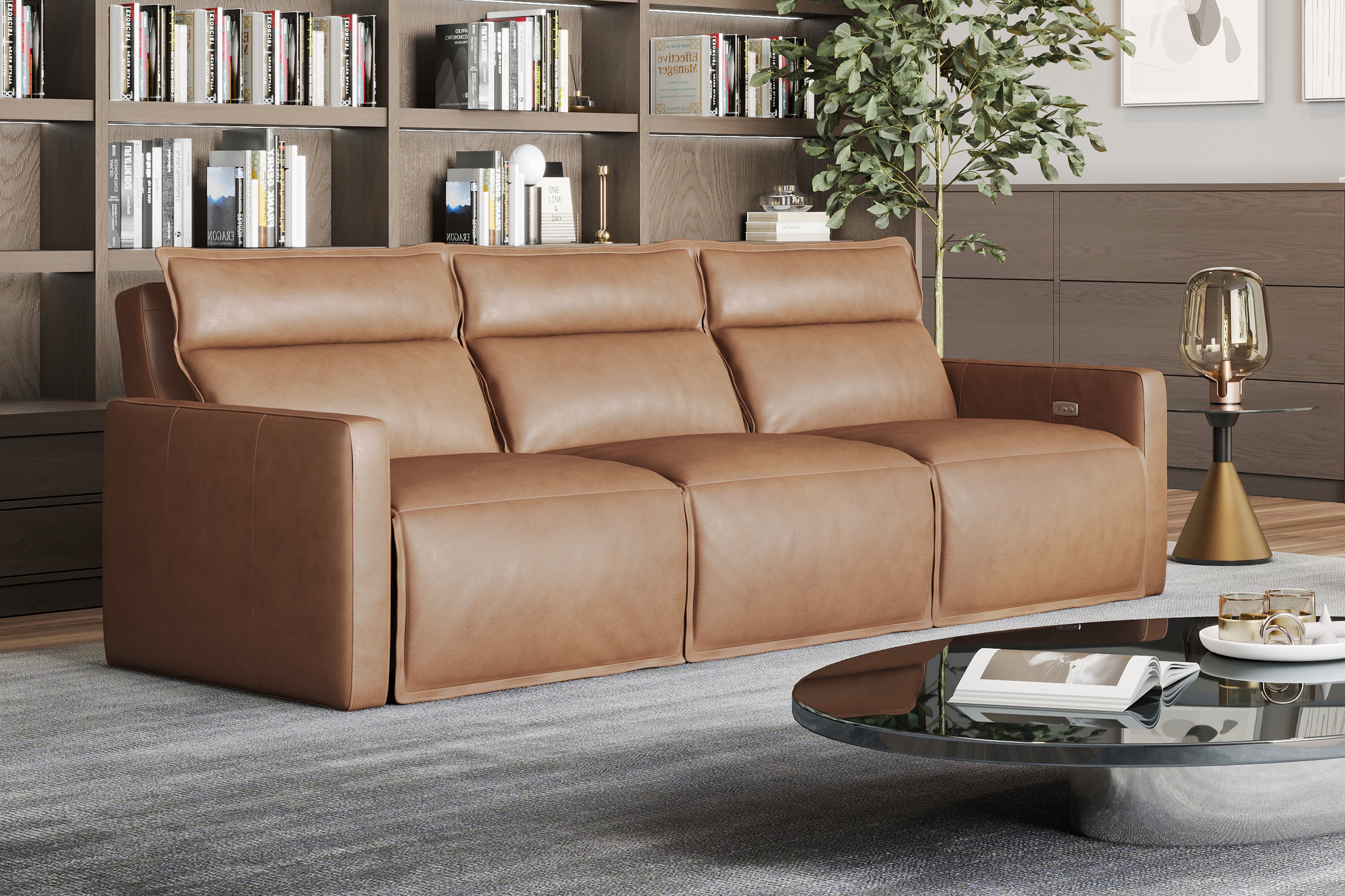 Valencia Giovanni Leather Three Pieces Reclining Sectional Sofa, Camel