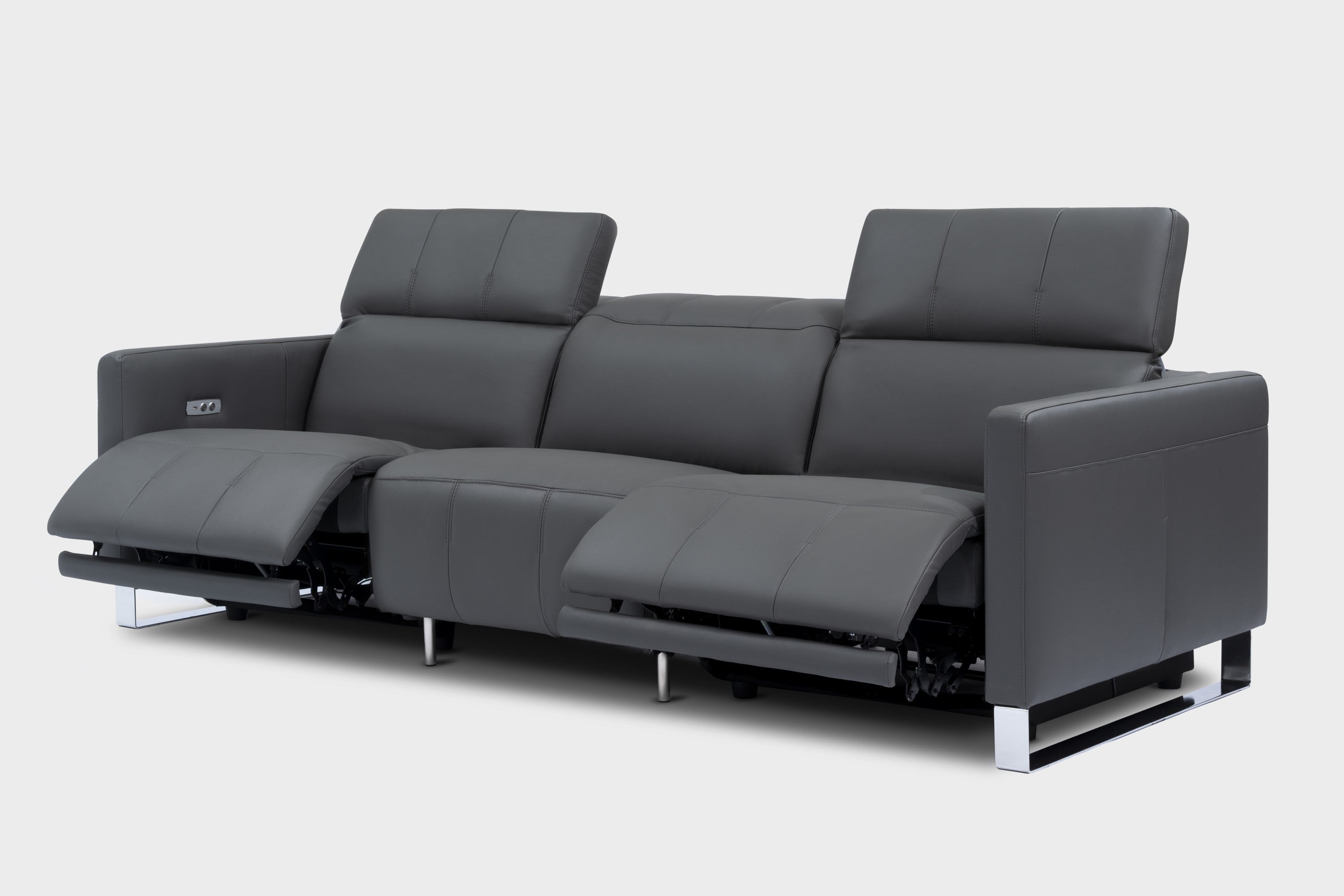 Valencia Isla Modern Top Grain Leather Reclining Sofa, Three Seats, Grey