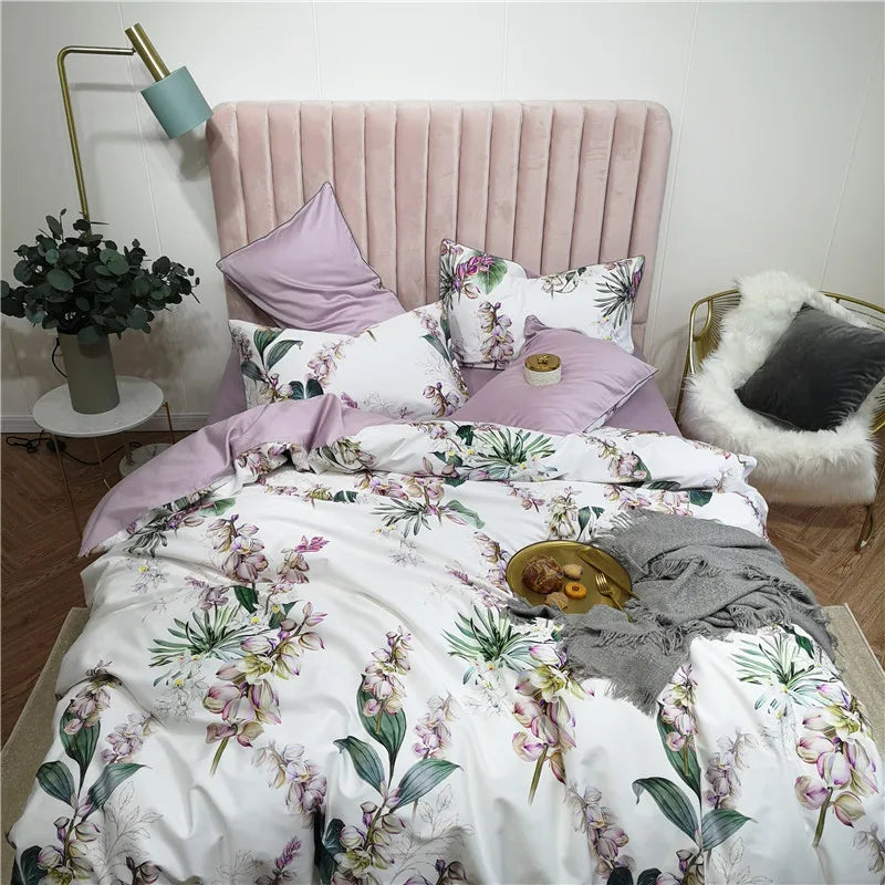 Eden 600 TC Floral Cotton Duvet Set - White/Lilac