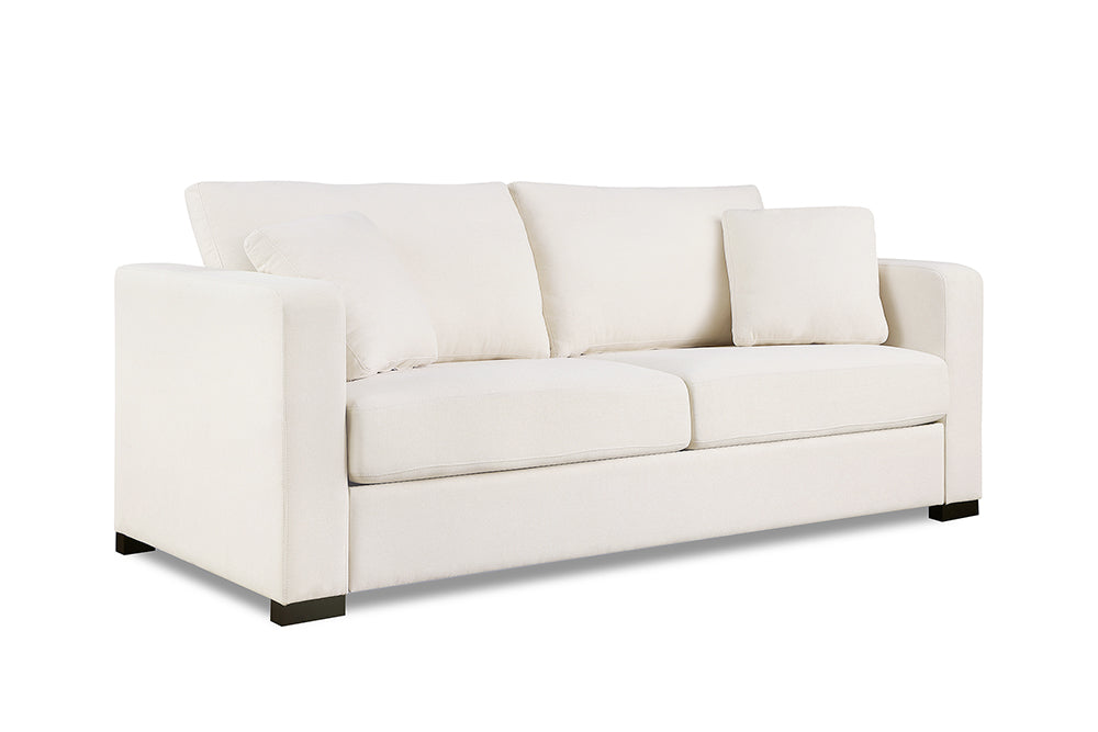 Left Angled Front View of A Modern, Beige, Love-Seat, Harvard Modern Fabric Sofa with Two Side Cushions.