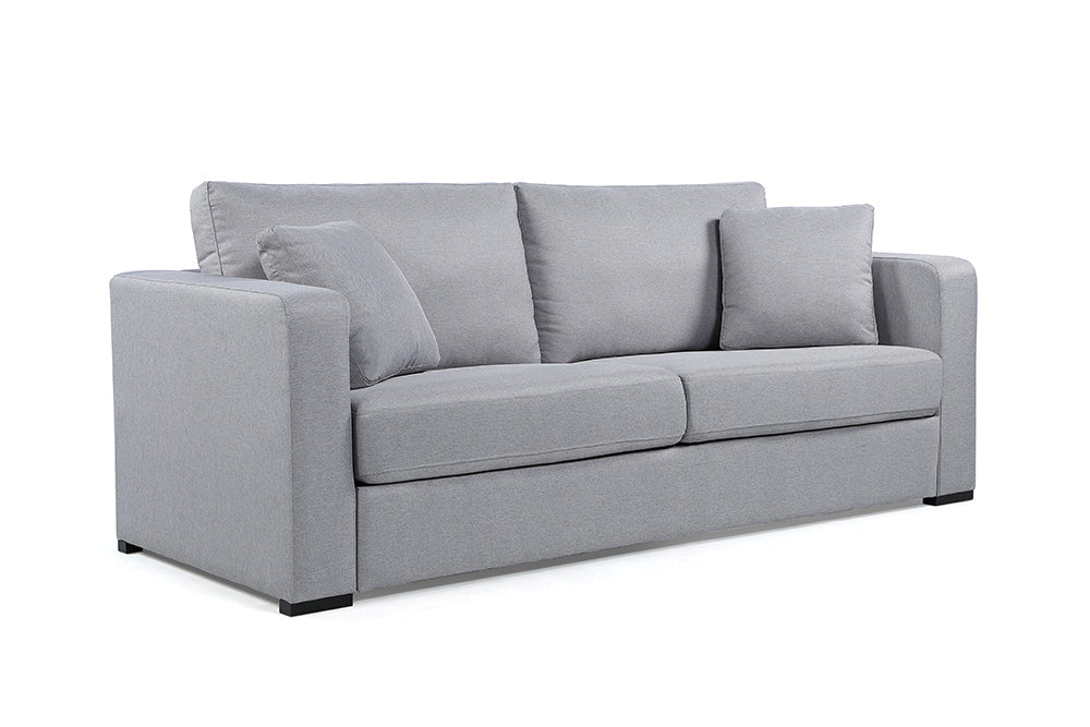 Left Angled Front View of A Modern, Grey, Love-Seat, Harvard Modern Fabric Sofa with Two Side Cushions.