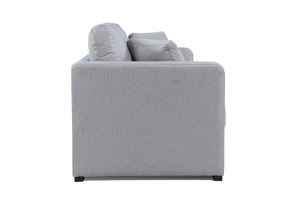 Left-Side, Back View of A Modern, Grey, Love-Seat, Harvard Modern Fabric Sofa with Two Side Cushions.