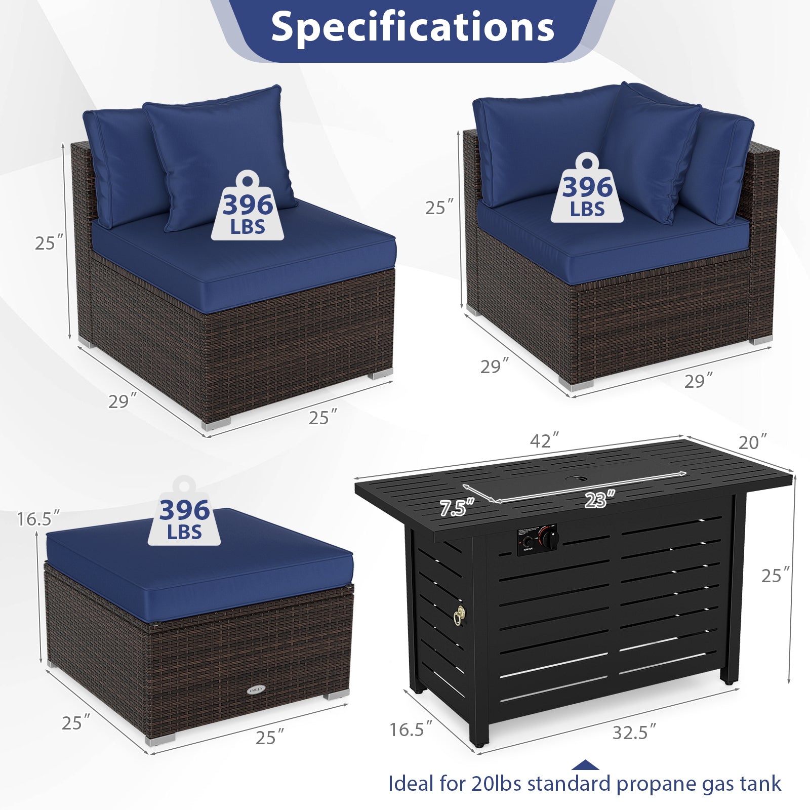 Heavy-duty Frame Rattan Sofa Set with 60000 BTU Firepit Table