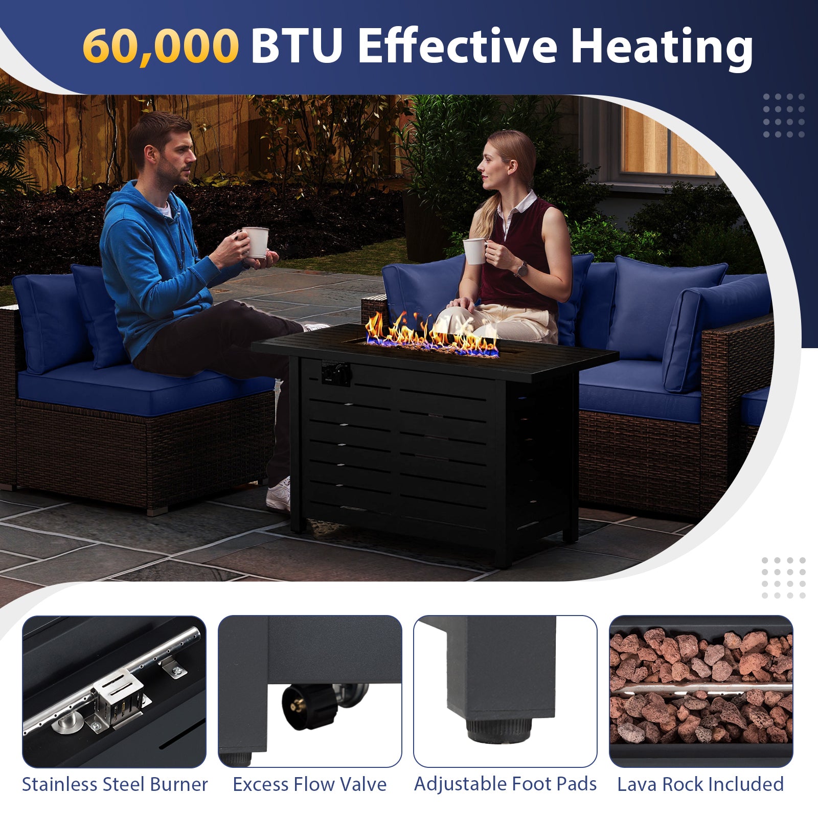 Heavy-duty Frame Rattan Sofa Set with 60000 BTU Firepit Table