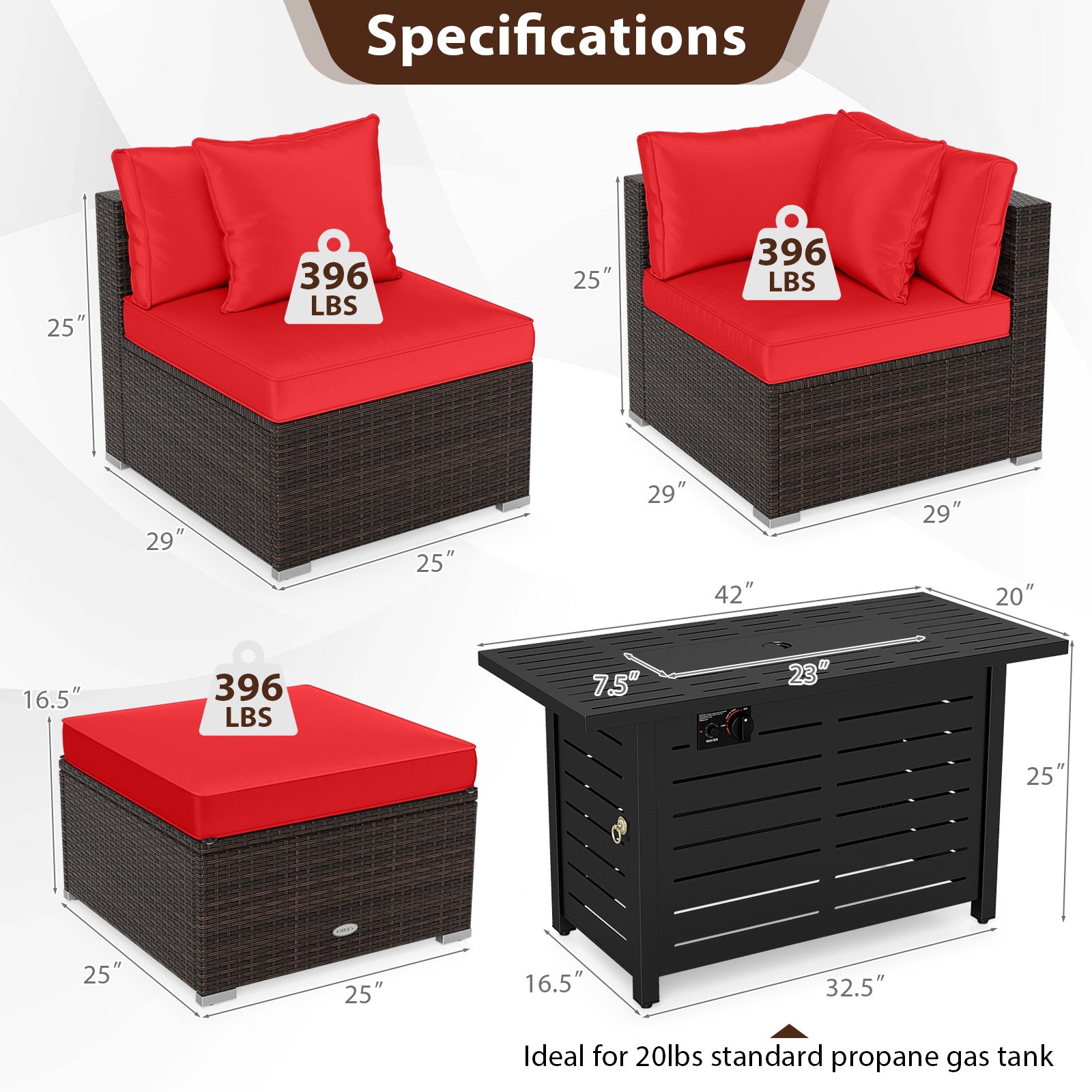 Heavy-duty Frame Rattan Sofa Set with 60000 BTU Firepit Table