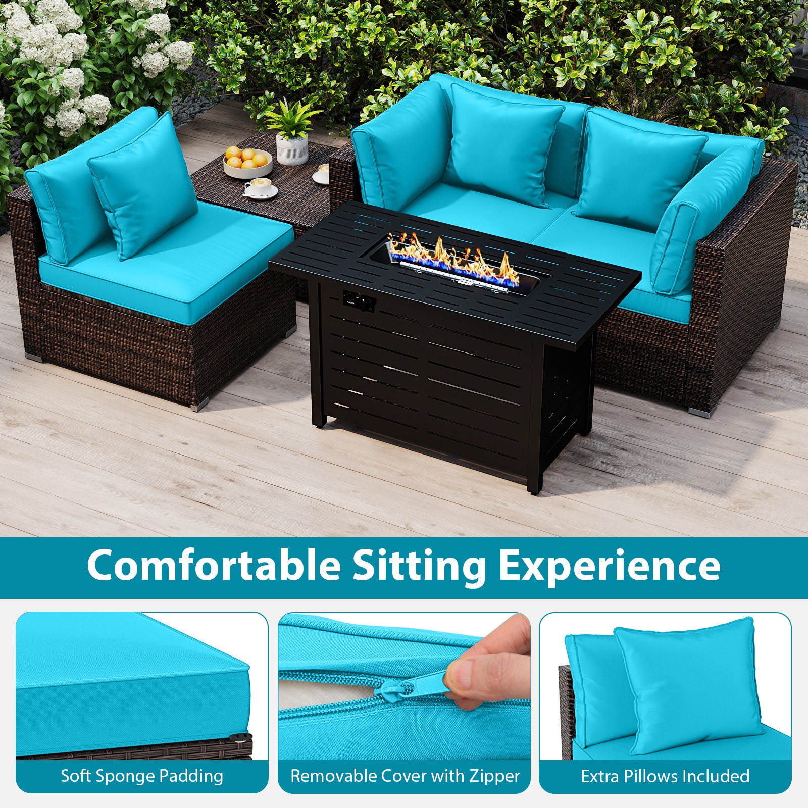 Heavy-duty Frame Rattan Sofa Set with 60000 BTU Firepit Table
