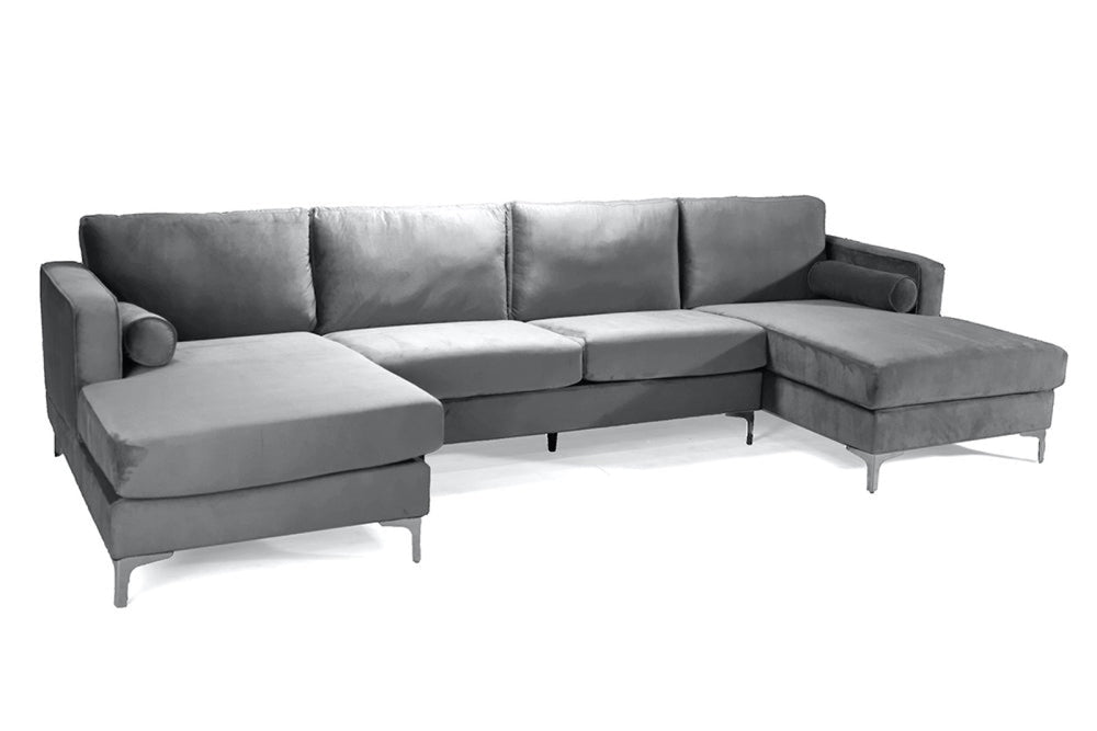 Left Angled Front View of A Modern and Stylish, Grey, Two Seats and 2 Chaise, Helio U Shape Sofa.