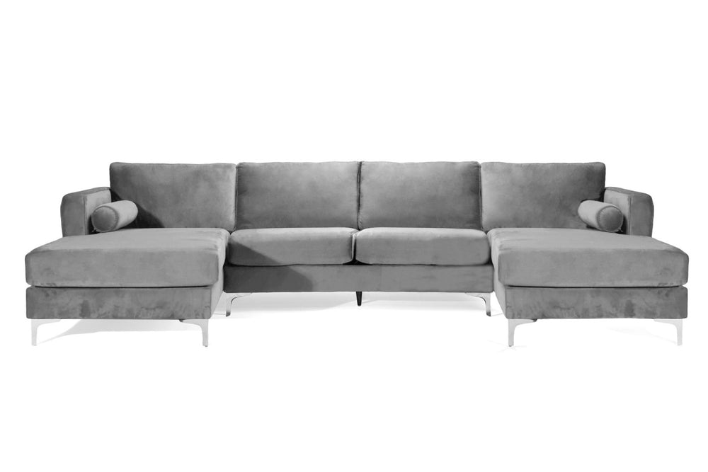 Straight Front View of A Modern and Stylish, Grey, Two Seats and 2 Chaise, Helio U Shape Sofa.
