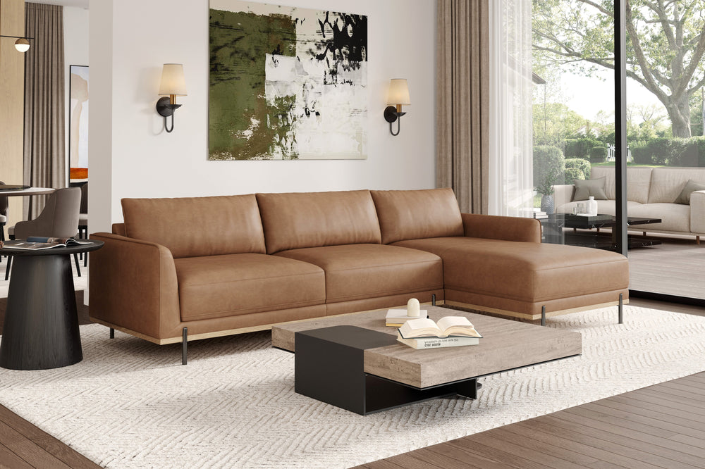 Valencia Imogen Top Grain Leather Sectional Sofa, Three Seats with Right Chaise, Tan