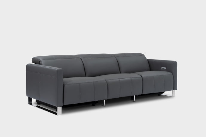 Valencia Isla Modern Top Grain Leather Reclining Sofa, Three Seats, Grey