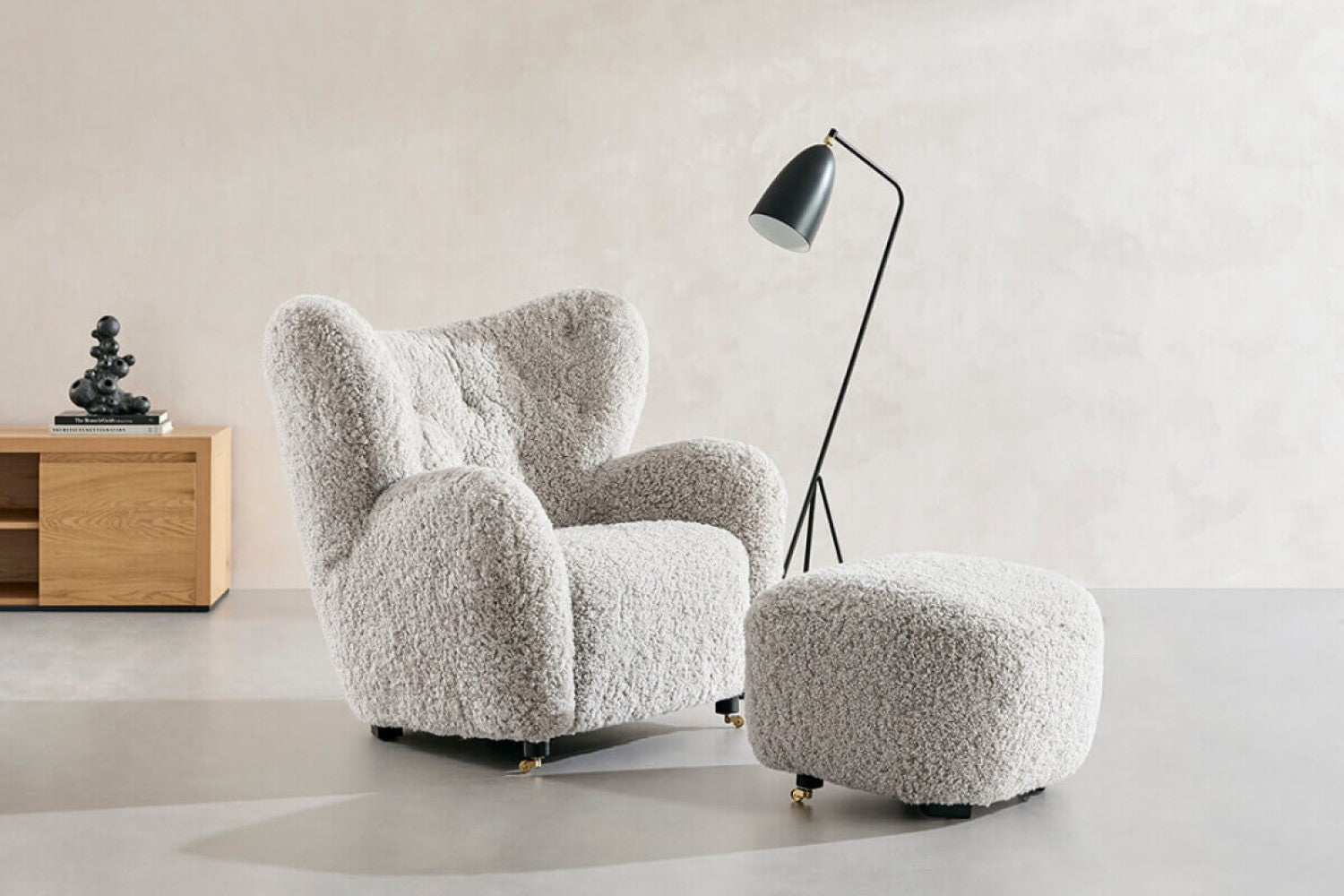 Valencia Flemming Lassen The Tired Man Lounge Chair & Footstool in Genuine Sheepskin, Light Grey