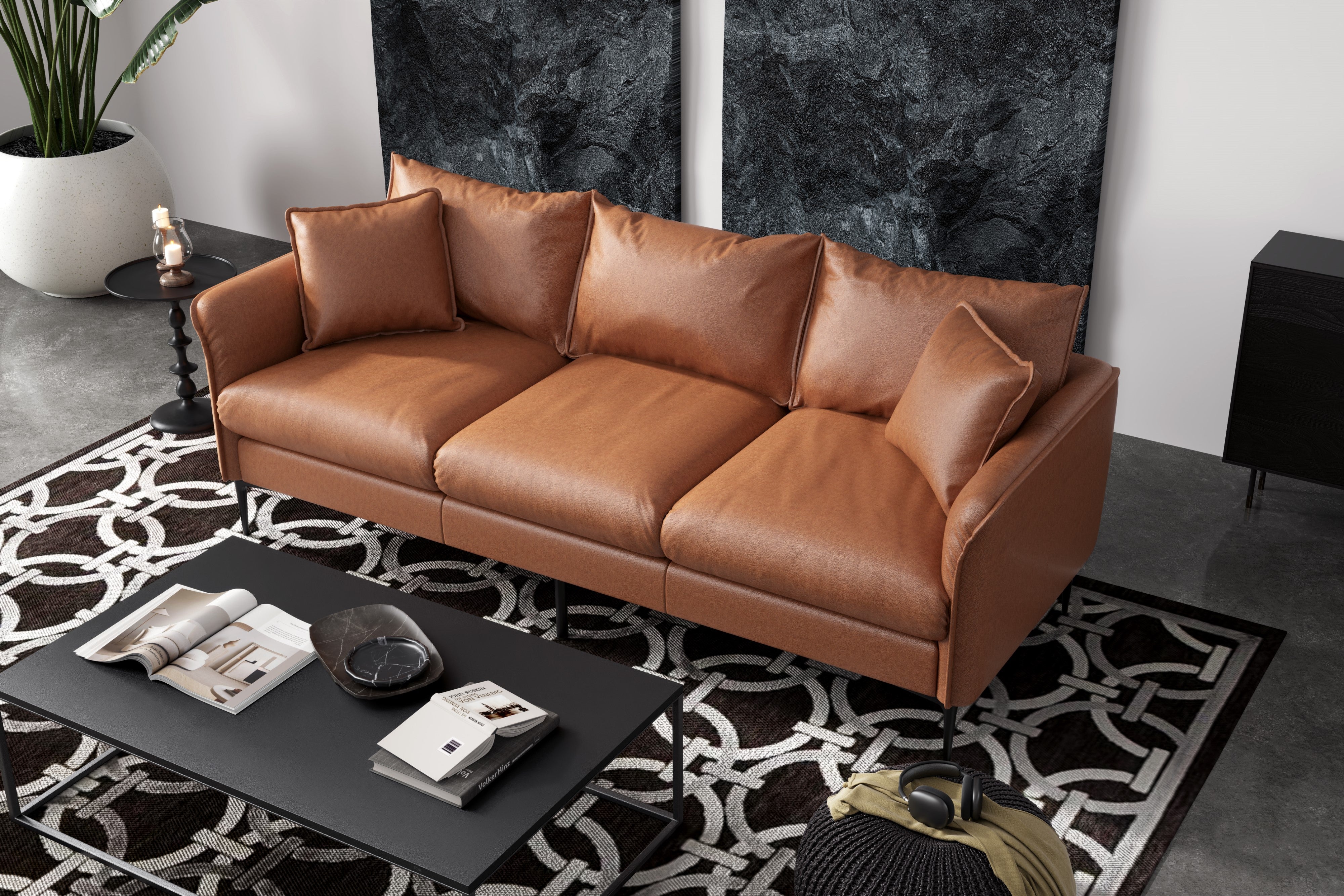 Valencia Jasper Leather Three Seats Sofa, Cognac