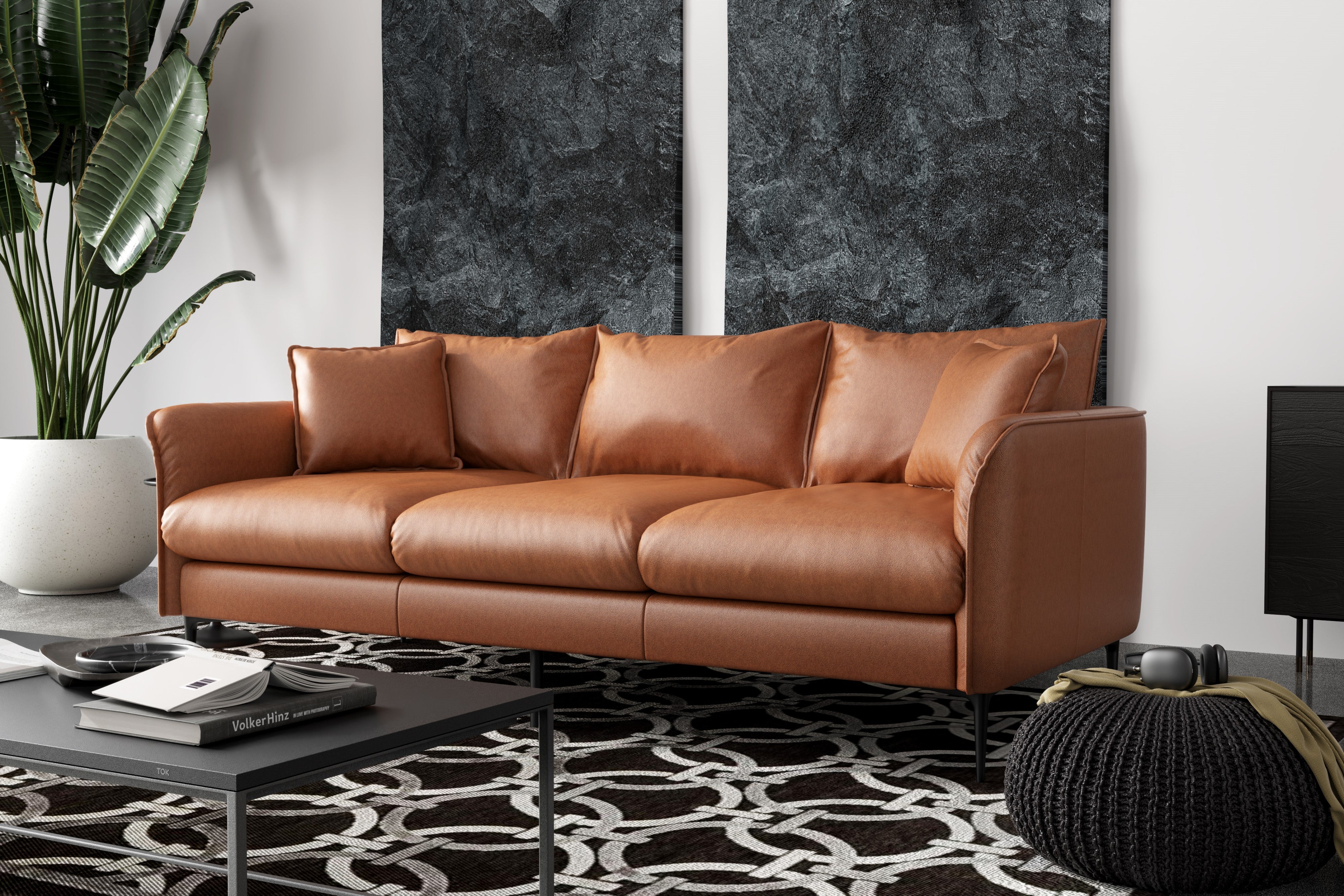 Valencia Jasper Leather Three Seats Sofa, Cognac