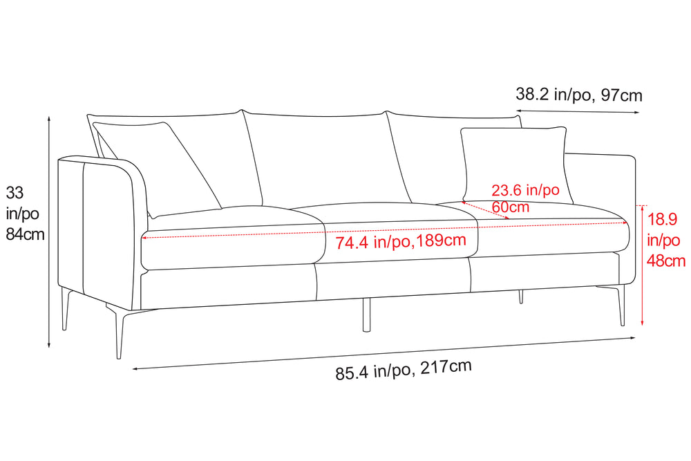 Dimension of A Modern. Walnut Brown, Three Seats, Top-Grain Premium Leather Contemporary Sofa, Overall Height 33" Inches/84CM, Overall Wide 85.4" Inches/217CM, Overall Depth 38.2" Inches/97CM, Seat Depth 23.6" Inches/60CM, Armrest to Bottom Height 18.9" Inches/48CM.