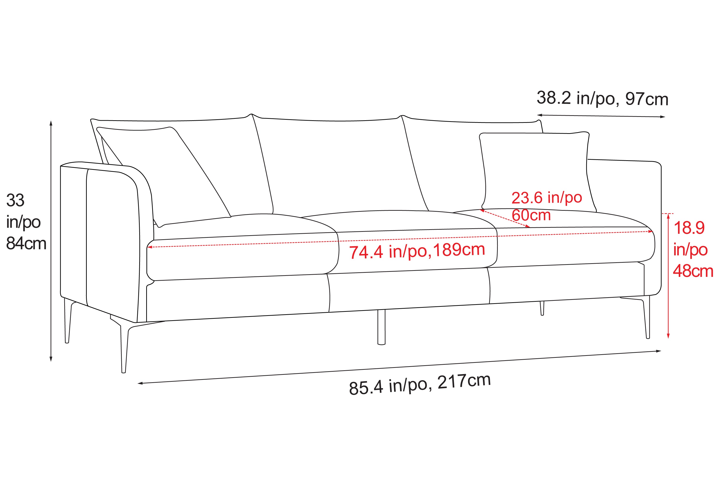 Dimension of A Modern. Walnut Brown, Three Seats, Top-Grain Premium Leather Contemporary Sofa, Overall Height 33" Inches/84CM, Overall Wide 85.4" Inches/217CM, Overall Depth 38.2" Inches/97CM, Seat Depth 23.6" Inches/60CM, Armrest to Bottom Height 18.9" Inches/48CM.