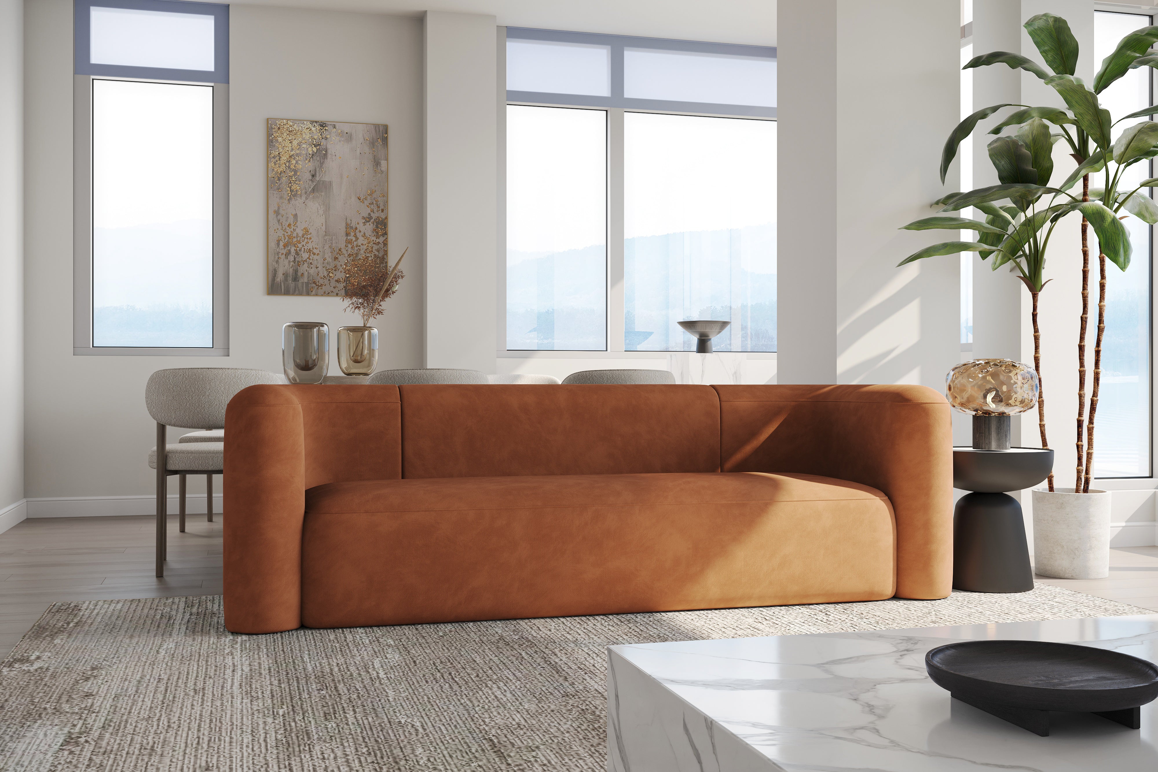 Valencia Jordyn Velvet Fabric Three Seats Sofa, Cognac