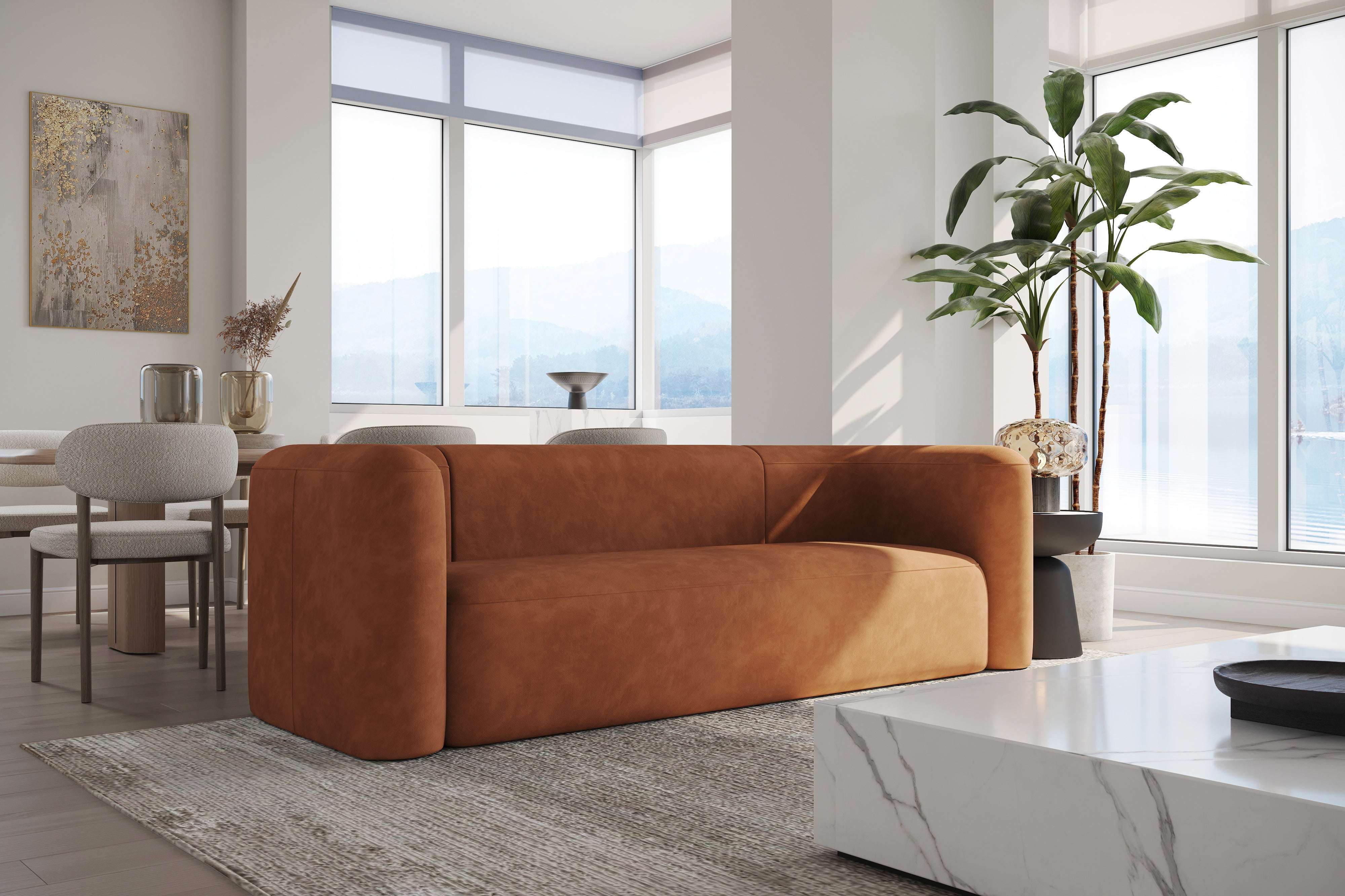 Valencia Jordyn Velvet Fabric Three Seats Sofa, Cognac