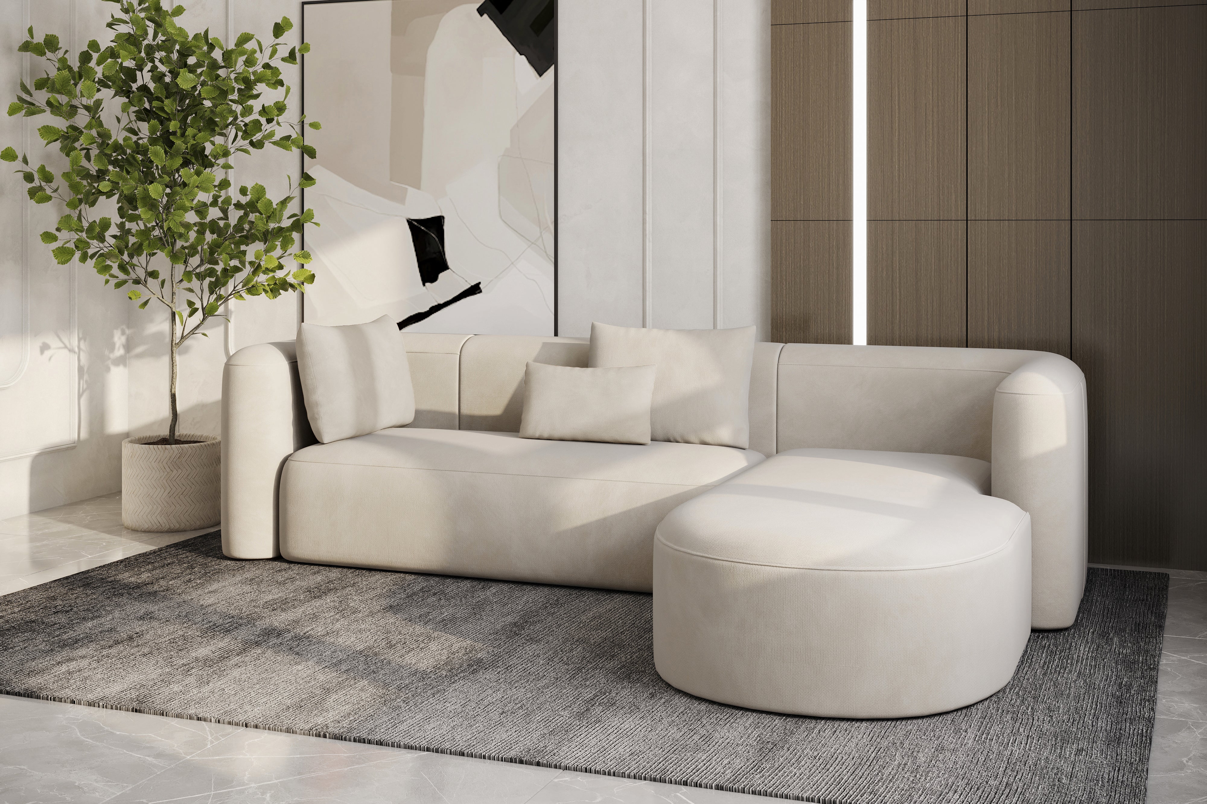 Valencia Jordyn Velvet Fabric Sectional Sofa, Three Seats With Right Chaise, Beige