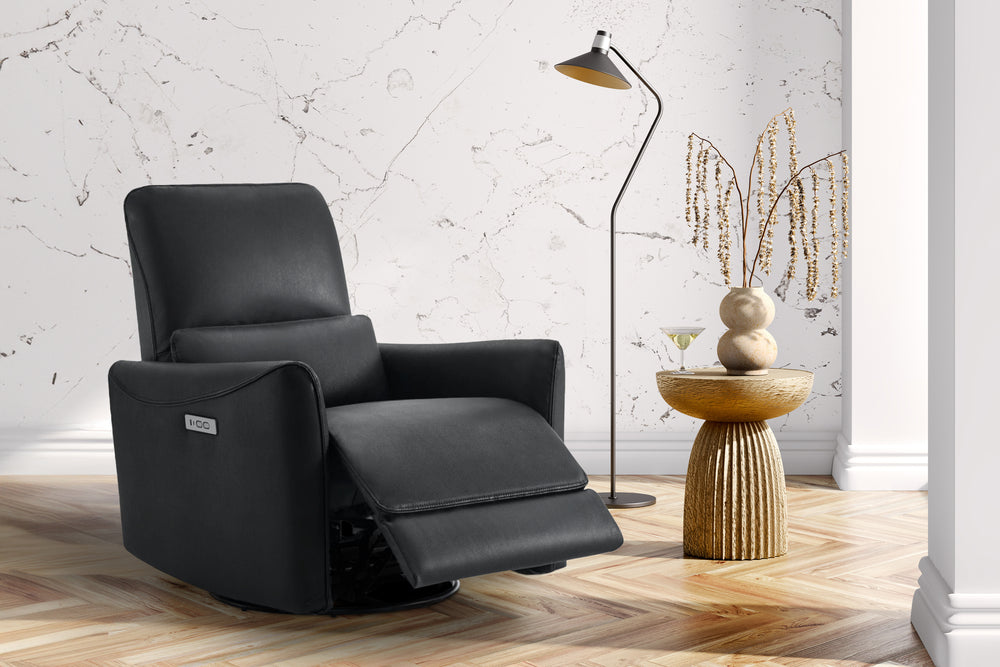 Valencia Kirstin Leather Power Recliner Chair Swivel Glider Nursery Reclining Sofa Chair, Black