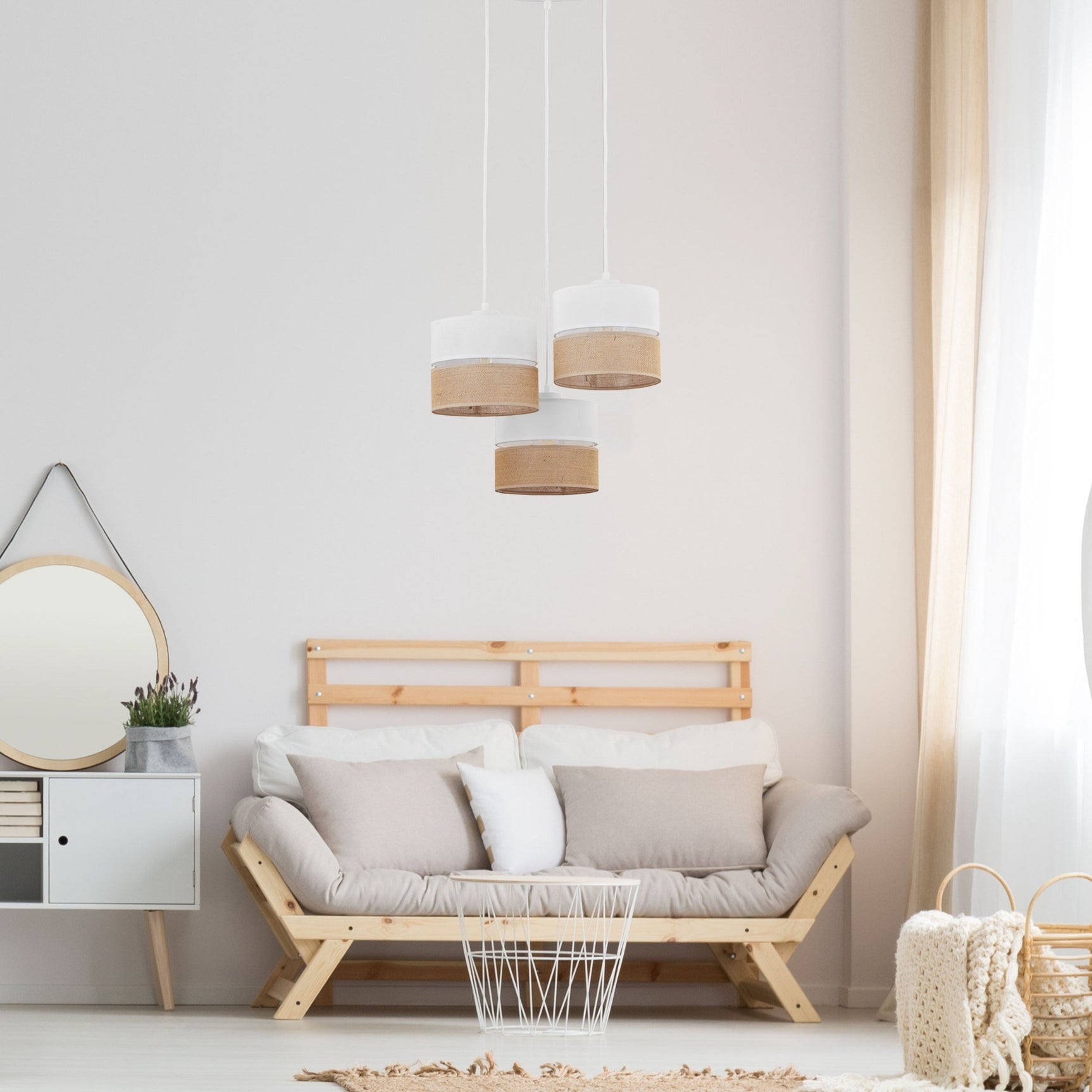LINOBIANCO Natural Woven Pendant Ceiling Light Fixture for Kitchen Island, Dining Room & Living Room (3-Light)