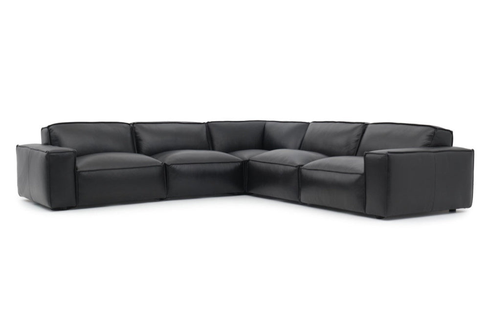 Straight Front View of A Modern, Black, Five Seats, Full Aniline Top Grain Leather Modular Sofa on a White Background.