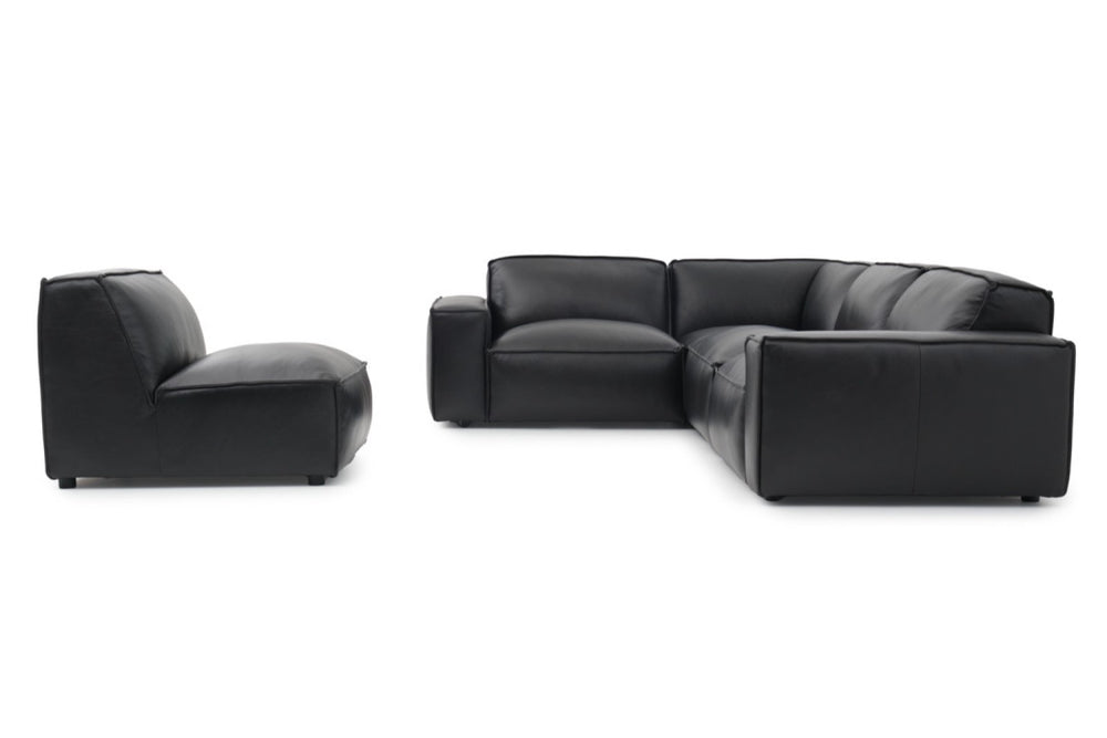 Right-Side Back View of A Modern, Black, Four Seats, Full Aniline Top Grain Leather Modular Sofa with a Single Adjust Sofa on a White Background.
