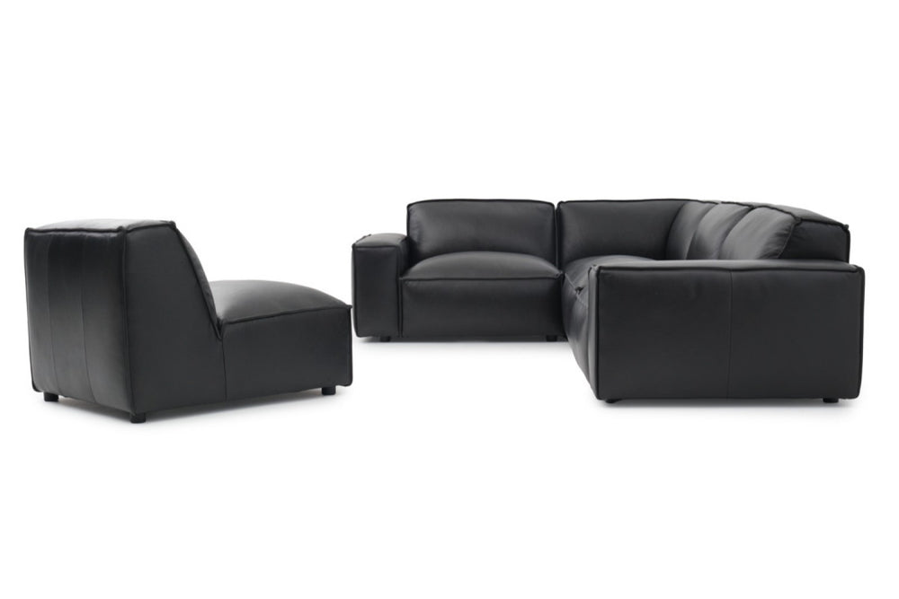 Right-Side Back View of A Modern, Black, Four Seats, Full Aniline Top Grain Leather Modular Sofa with a Single Adjust Sofa on a White Background.