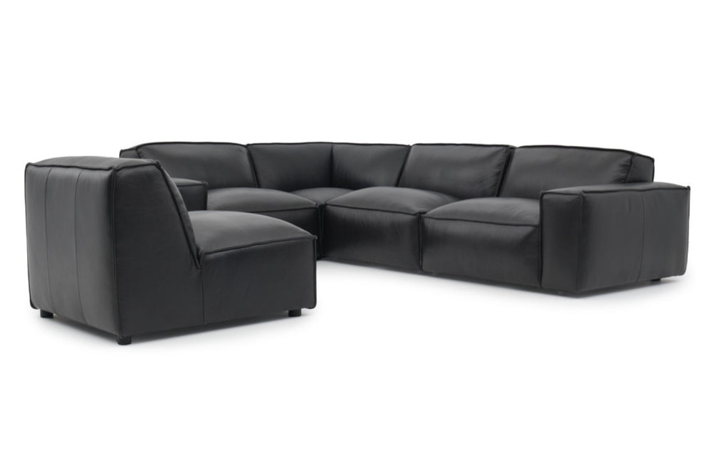 Straight Front View of A Modern, Black, Four Seats, Full Aniline Top Grain Leather Modular Sofa with a Single Adjust Sofa on a White Background.