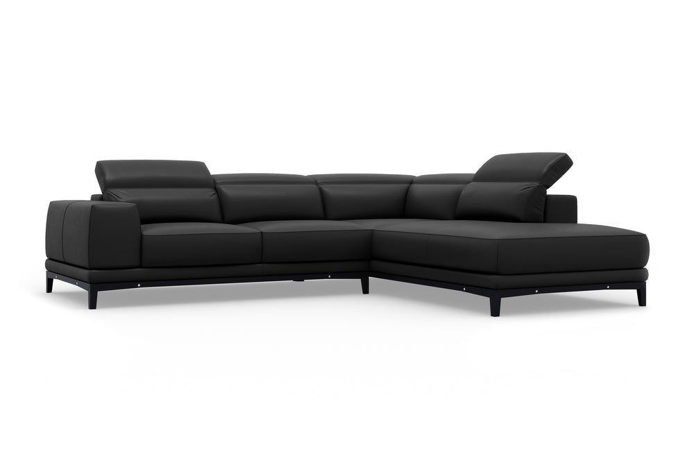 Valencia Valletta Top Grain Leather Sectional L-Shape with Right Chaise Sofa, Black