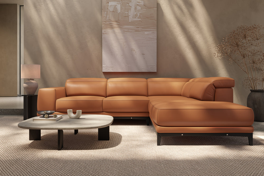 Valencia Valletta Top Grain Leather Sectional L-Shape with Right Chaise Sofa, Cognac