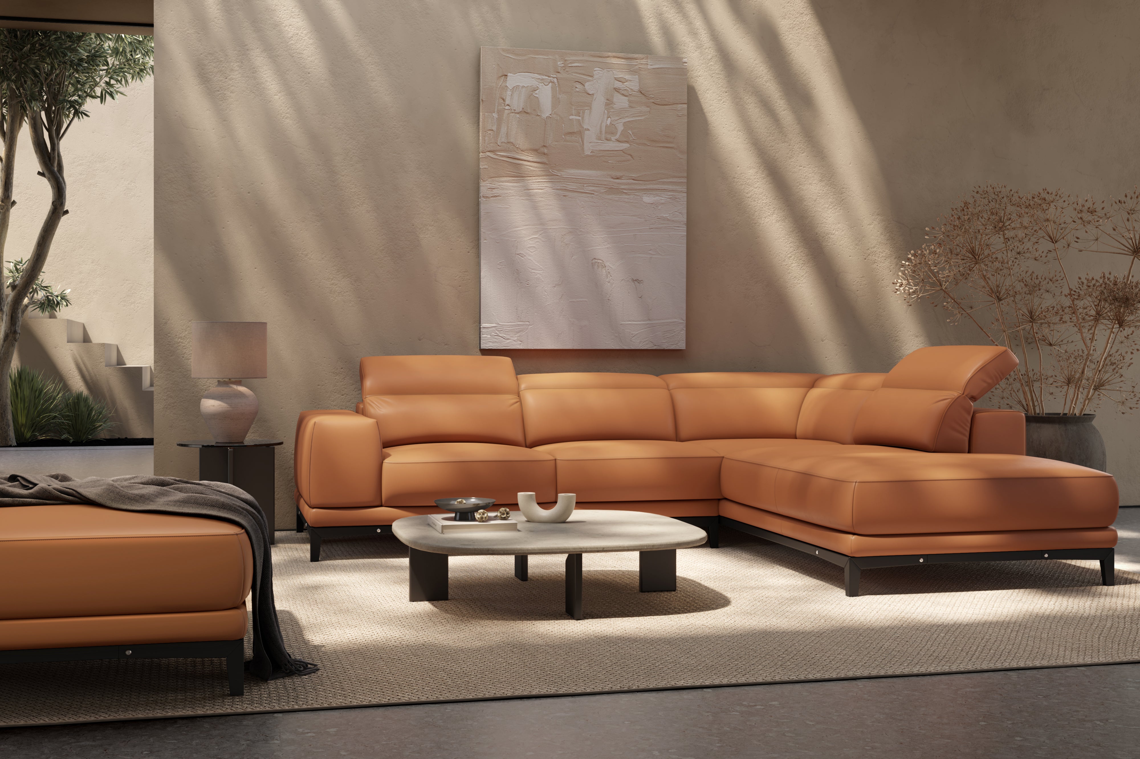 Valencia Valletta Top Grain Leather Sectional L-Shape with Right Chaise Sofa, Cognac