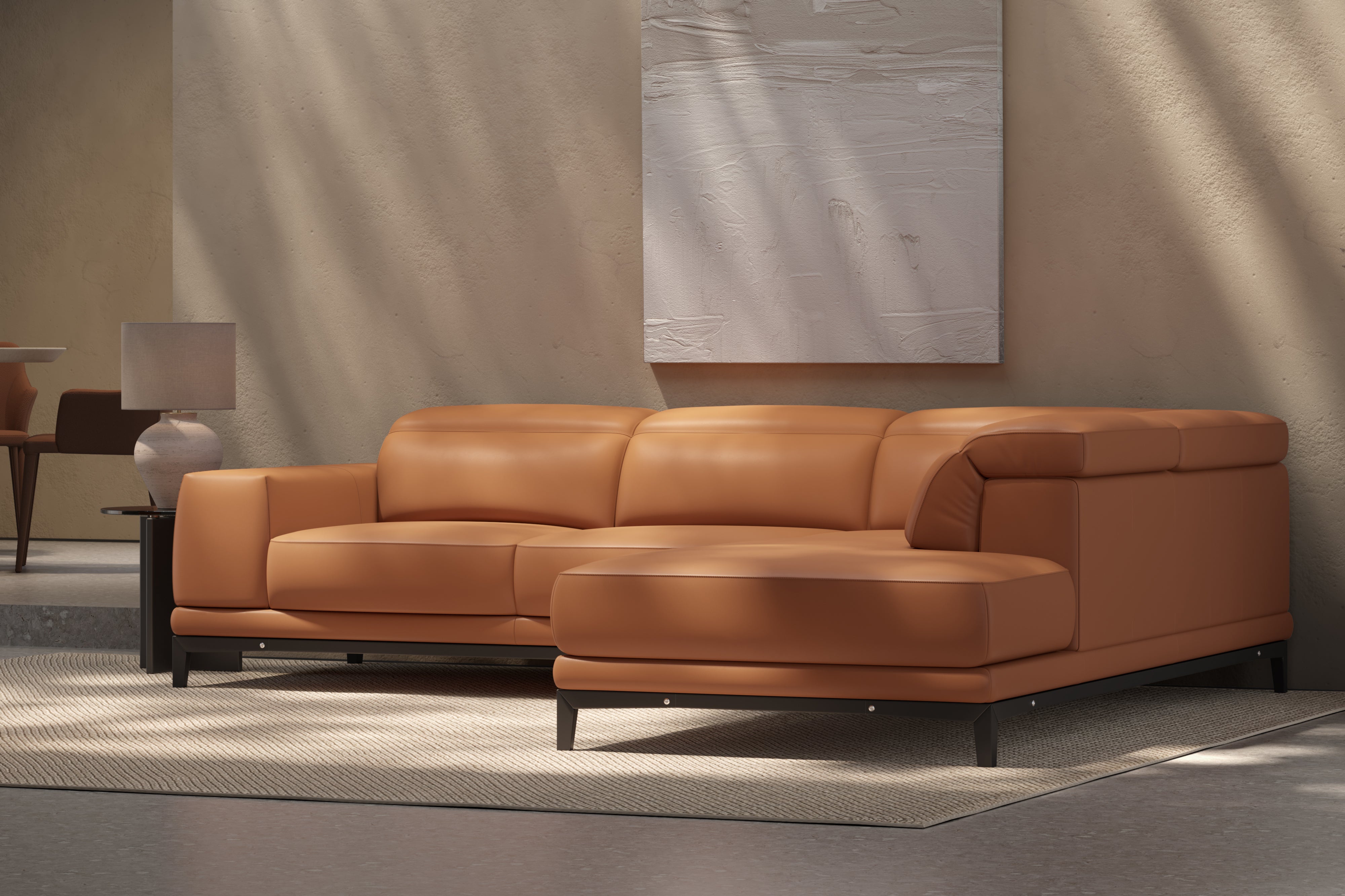 Valencia Valletta Top Grain Leather Sectional L-Shape with Right Chaise Sofa, Cognac