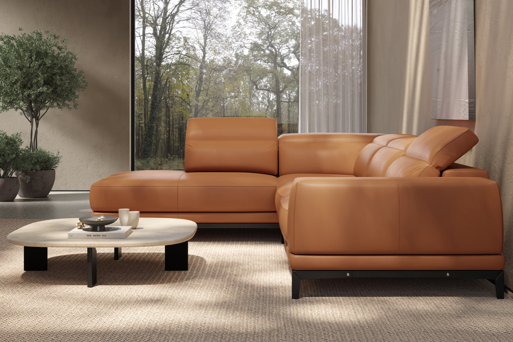 Valencia Valletta Top Grain Leather Sectional L-Shape with Left Chaise Sofa, Cognac