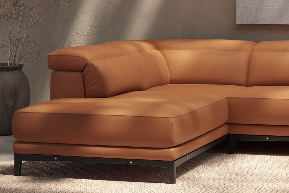 Valencia Valletta Top Grain Leather Sectional L-Shape with Left Chaise Sofa, Cognac