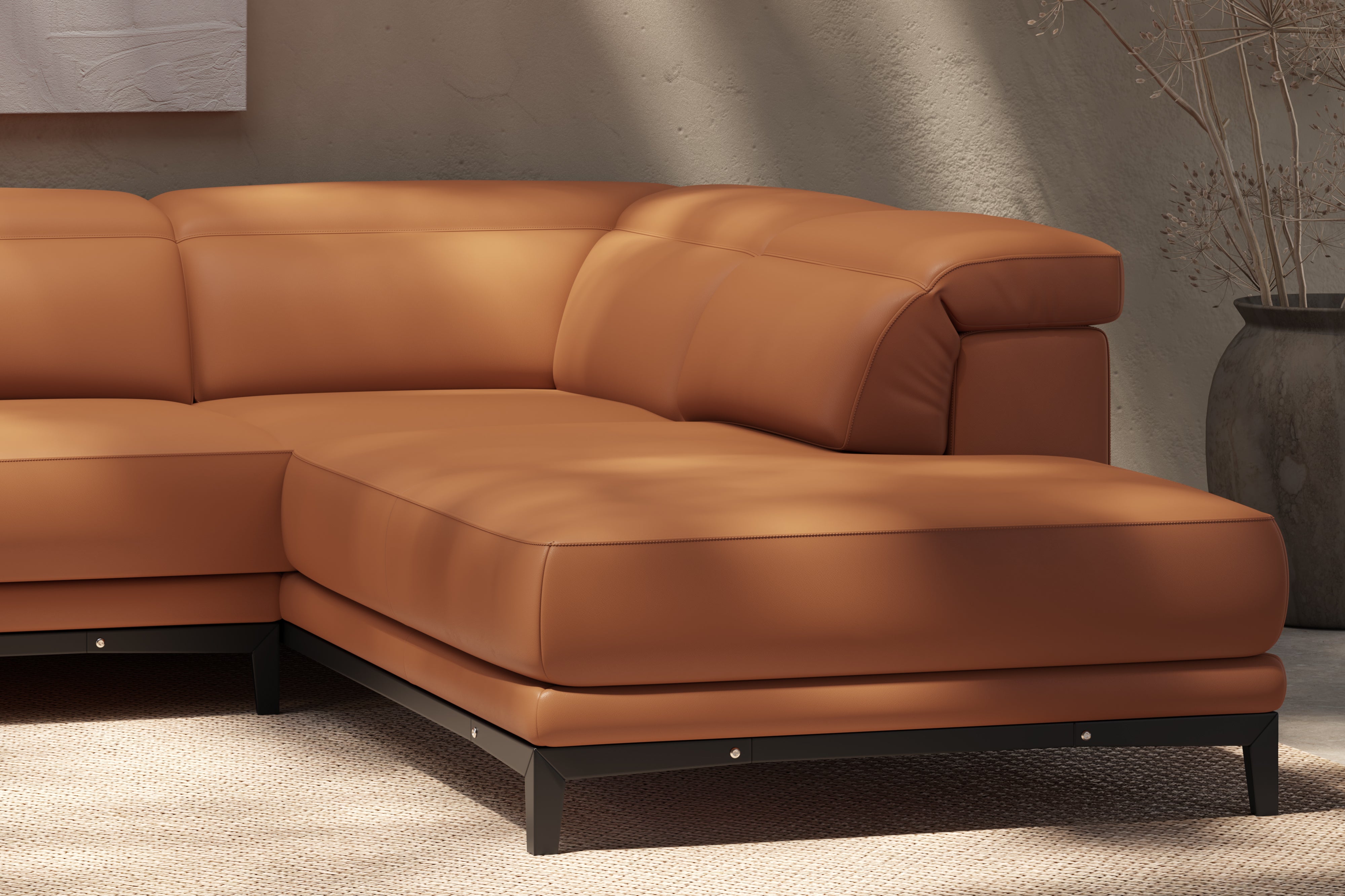 Valencia Valletta Top Grain Leather Sectional L-Shape with Right Chaise Sofa, Cognac