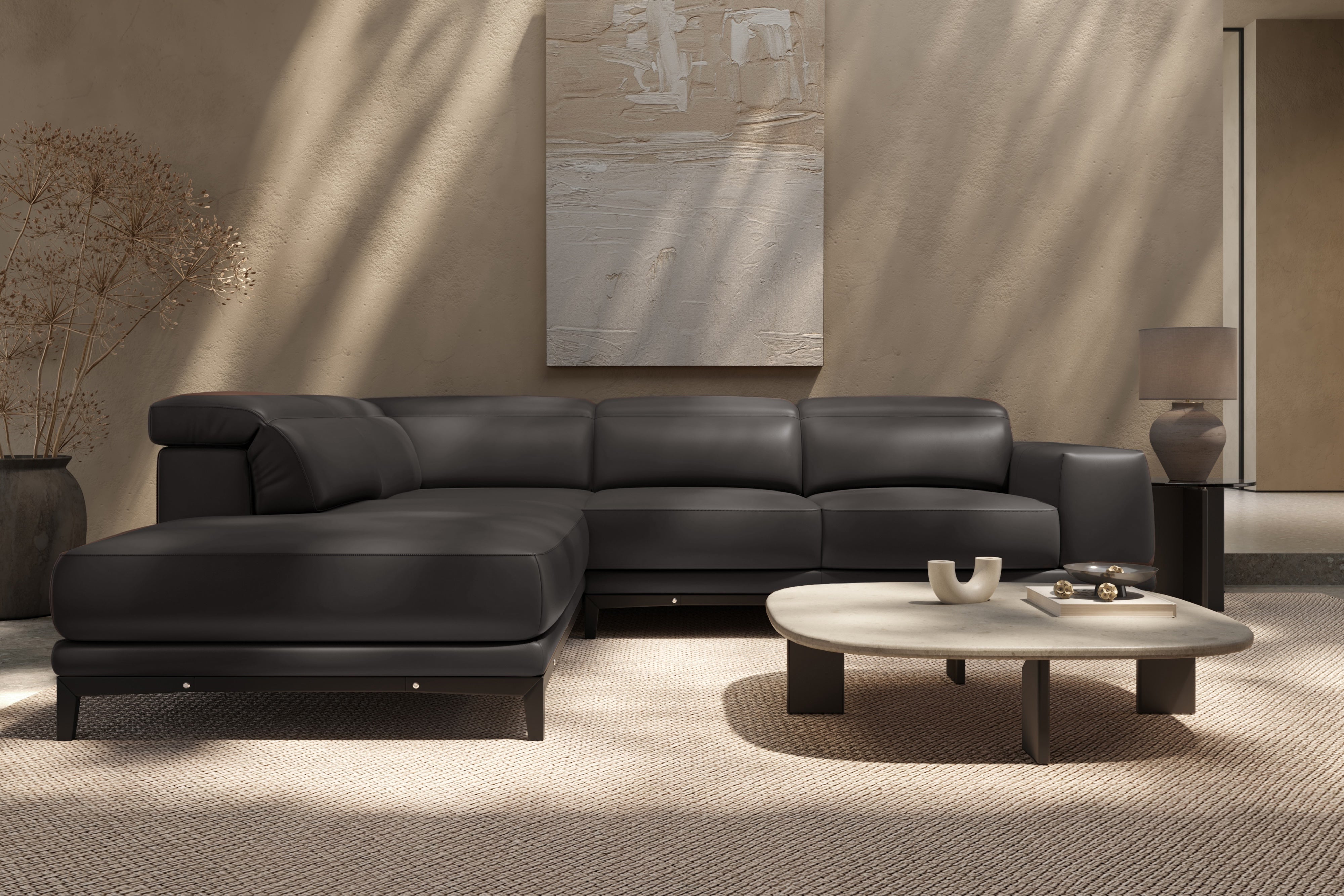 Valencia Valletta Top Grain Leather Sectional L-Shape with Left Chaise Sofa, Dark Grey