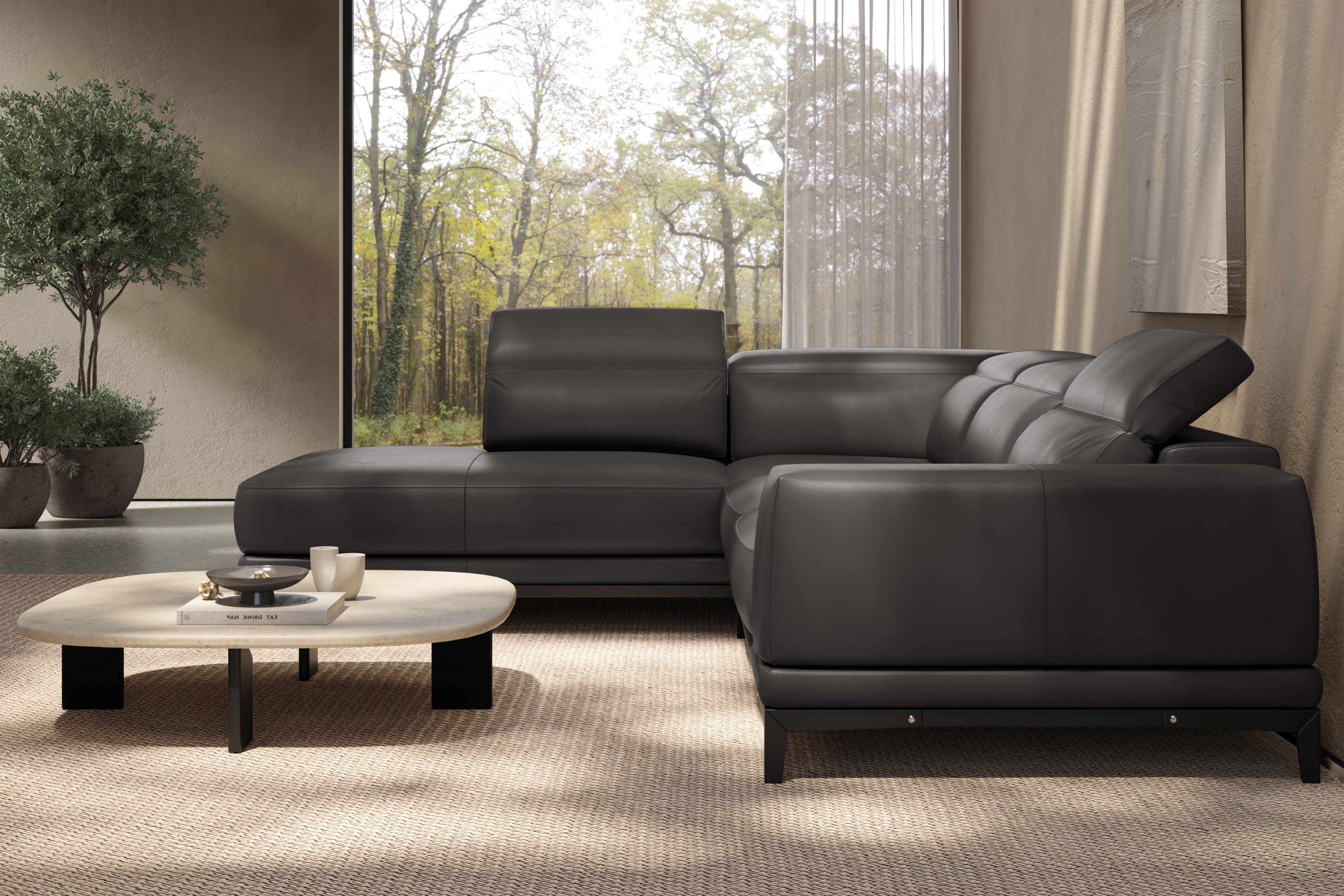 Valencia Valletta Top Grain Leather Sectional L-Shape with Left Chaise Sofa, Dark Grey