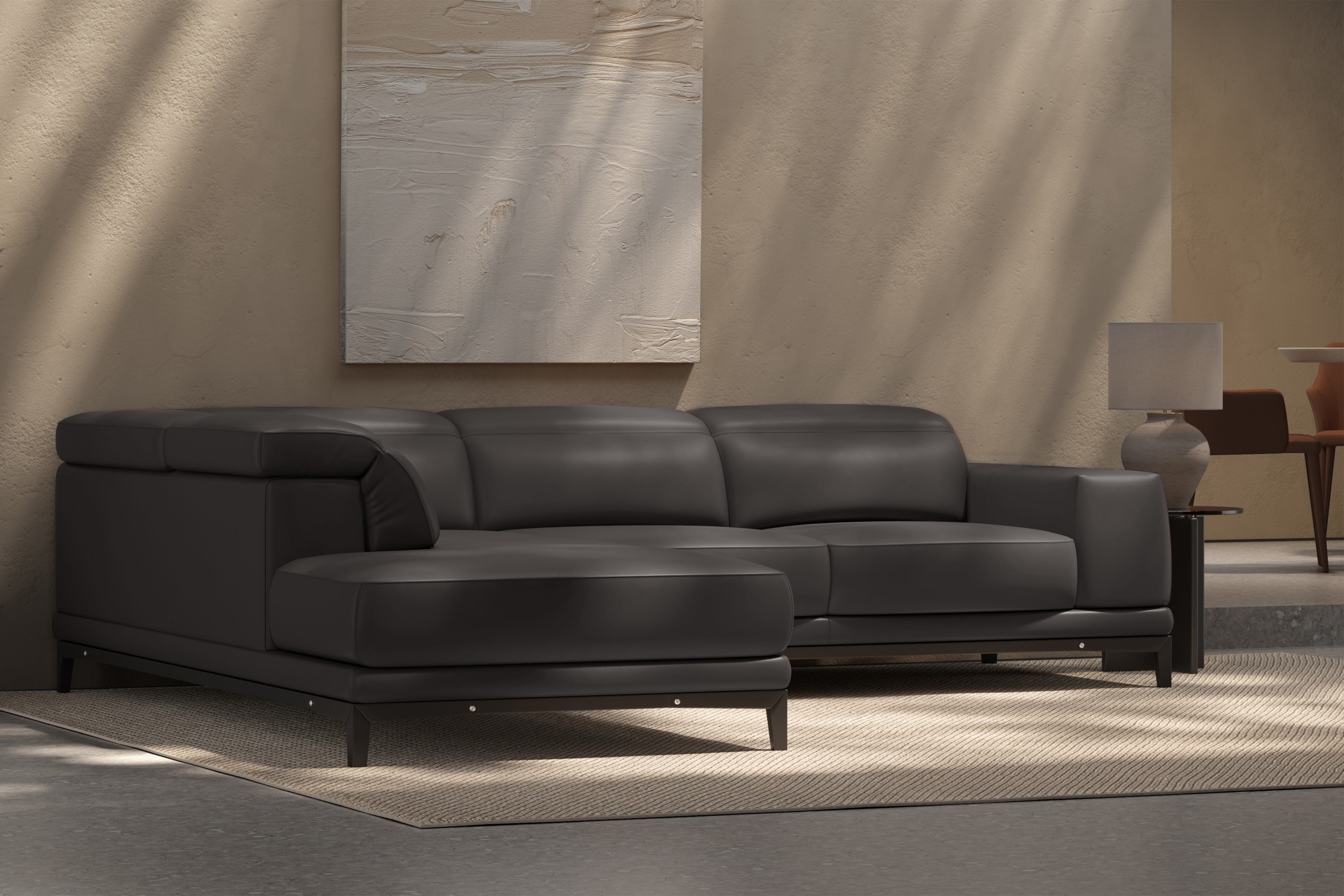 Valencia Valletta Top Grain Leather Sectional L-Shape with Left Chaise Sofa, Dark Grey