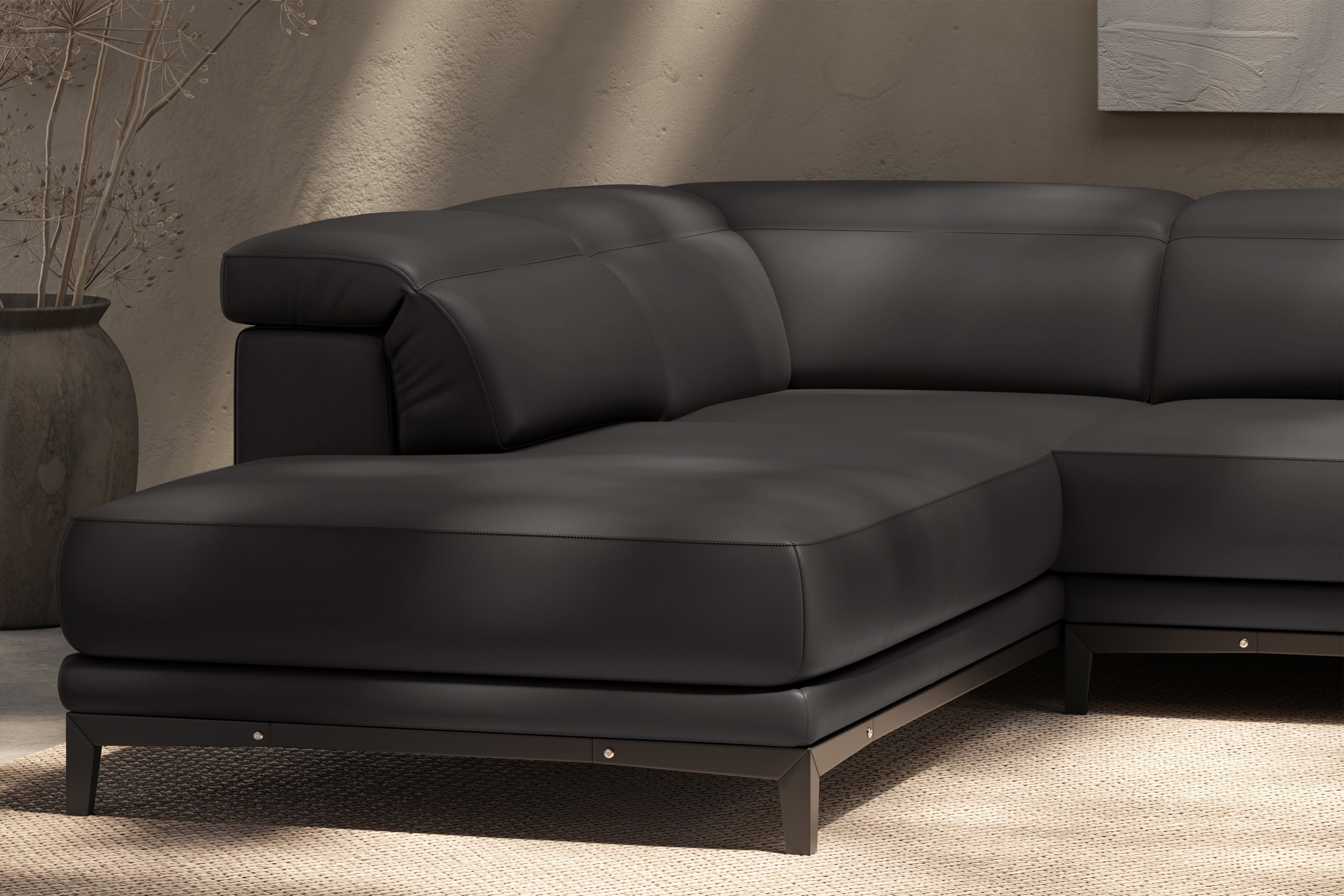 Valencia Valletta Top Grain Leather Sectional L-Shape with Left Chaise Sofa, Dark Grey