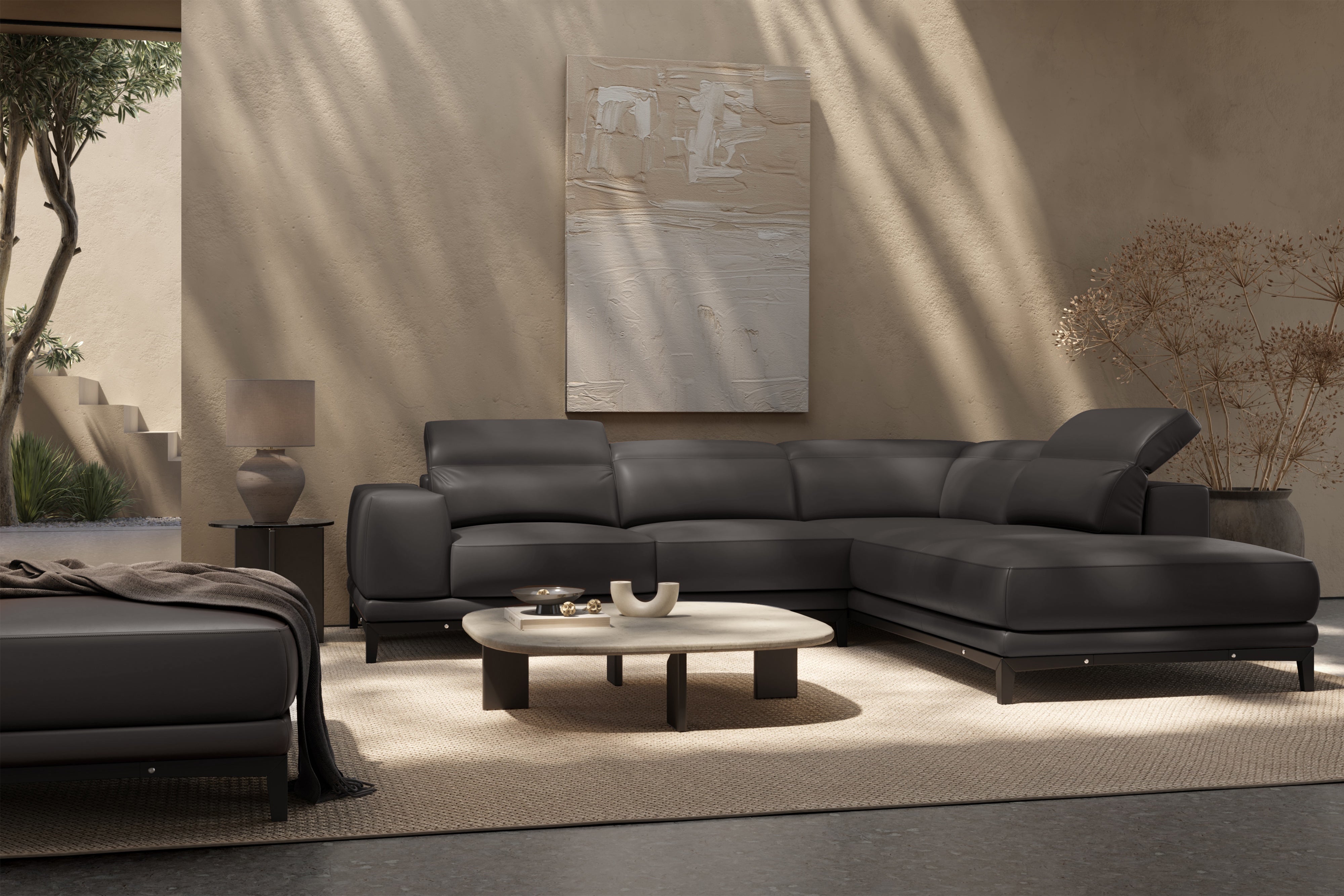 Valencia Valletta Top Grain Leather Sectional L-Shape with Right Chaise Sofa, Dark Grey