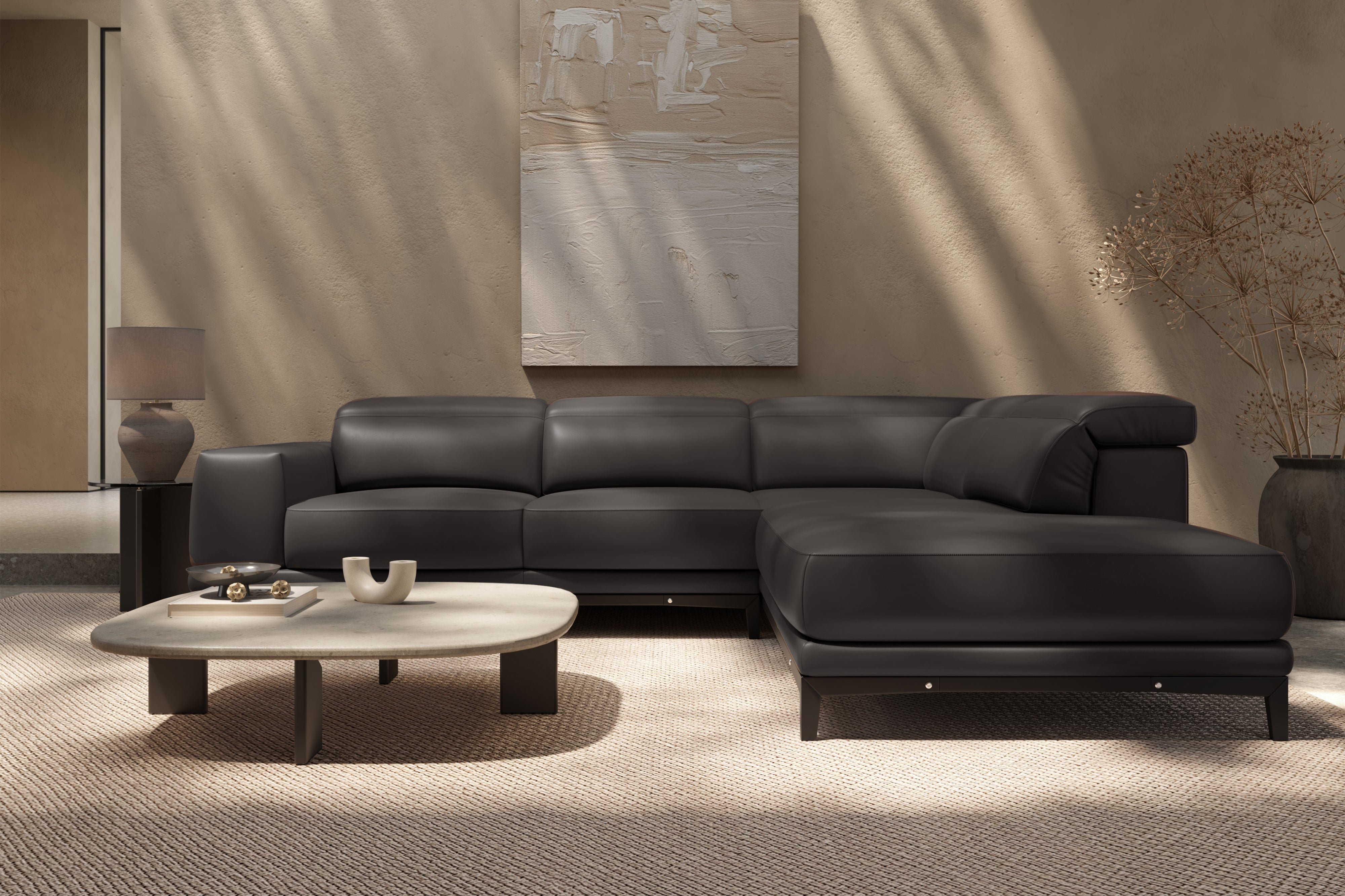 Valencia Valletta Top Grain Leather Sectional L-Shape with Right Chaise Sofa, Dark Grey