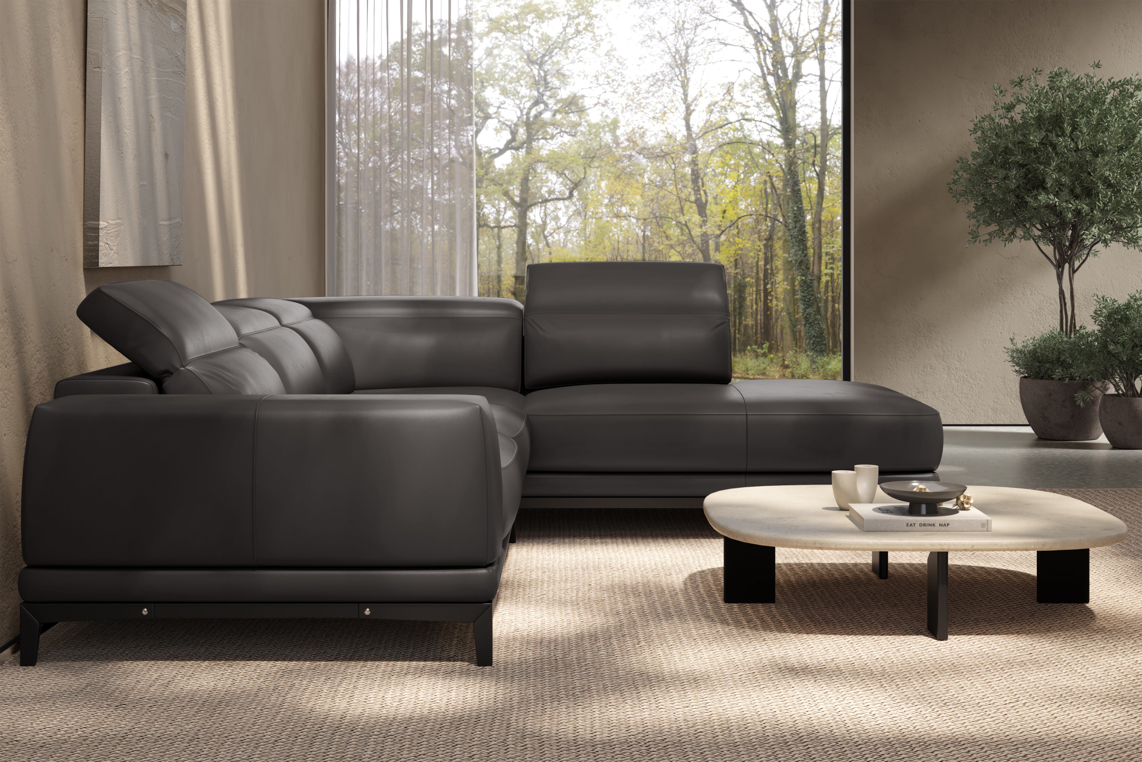 Valencia Valletta Top Grain Leather Sectional L-Shape with Right Chaise Sofa, Dark Grey