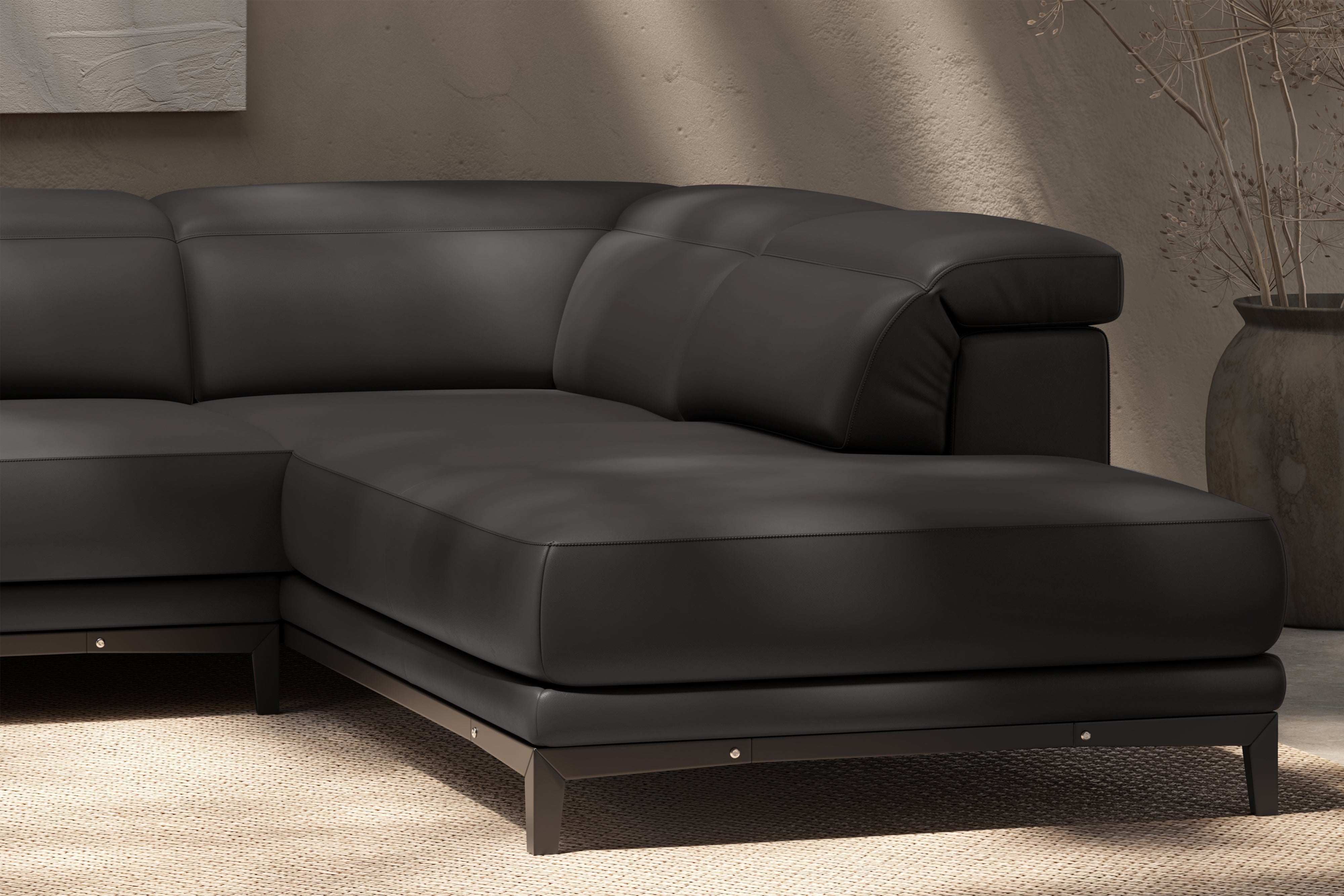 Valencia Valletta Top Grain Leather Sectional L-Shape with Right Chaise Sofa, Dark Grey