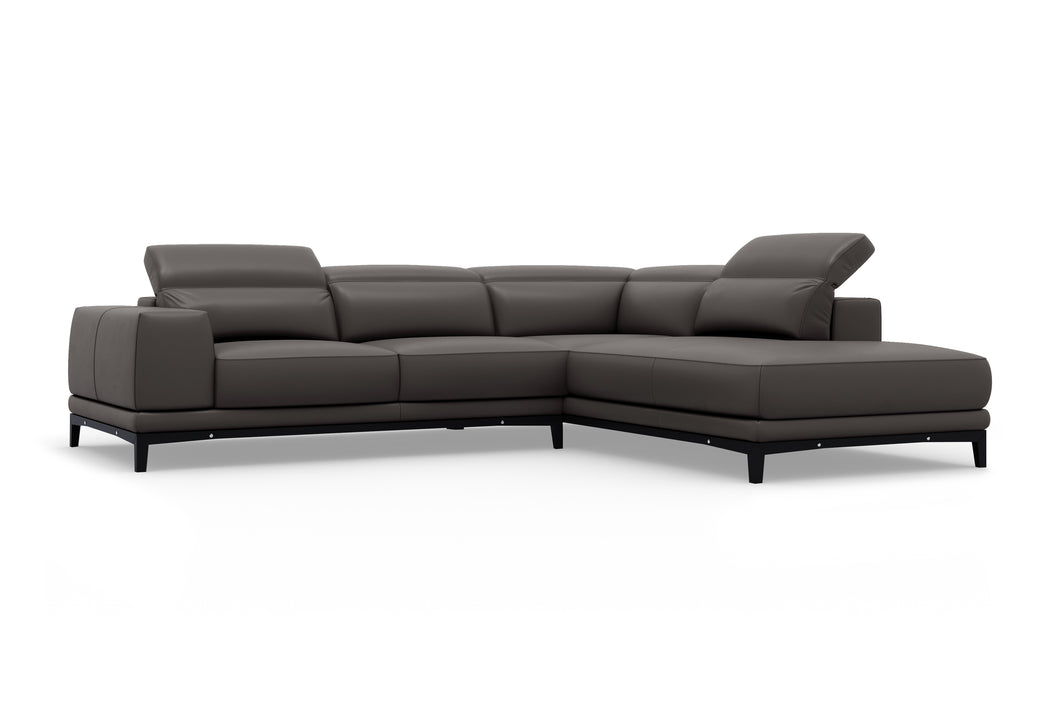 Valencia Valletta Top Grain Leather Sectional L-Shape with Right Chaise Sofa, Dark Grey