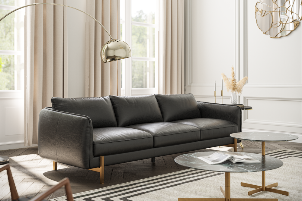 Left Angled Front view of a Gabriele Leather Sofa in a Living Room