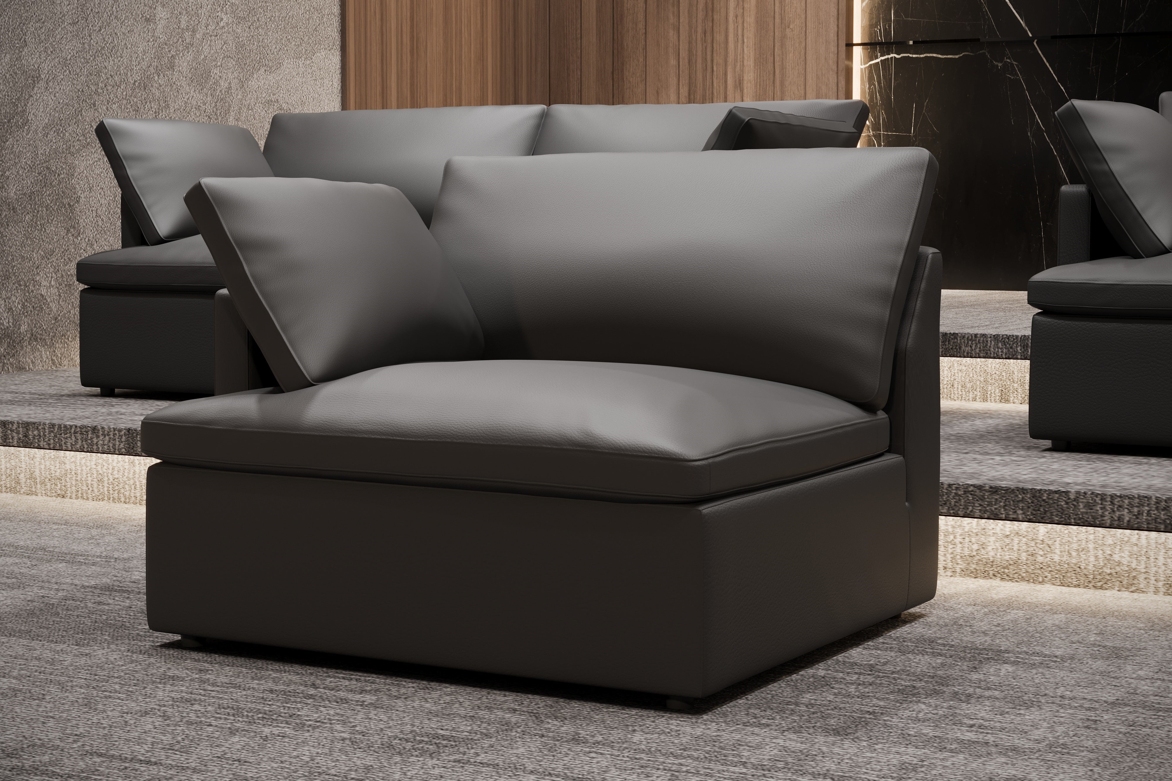 Valencia Isola Cloud Top Grain Leather Theater Lounge Modular Sofa Left Arm Piece, Black Color